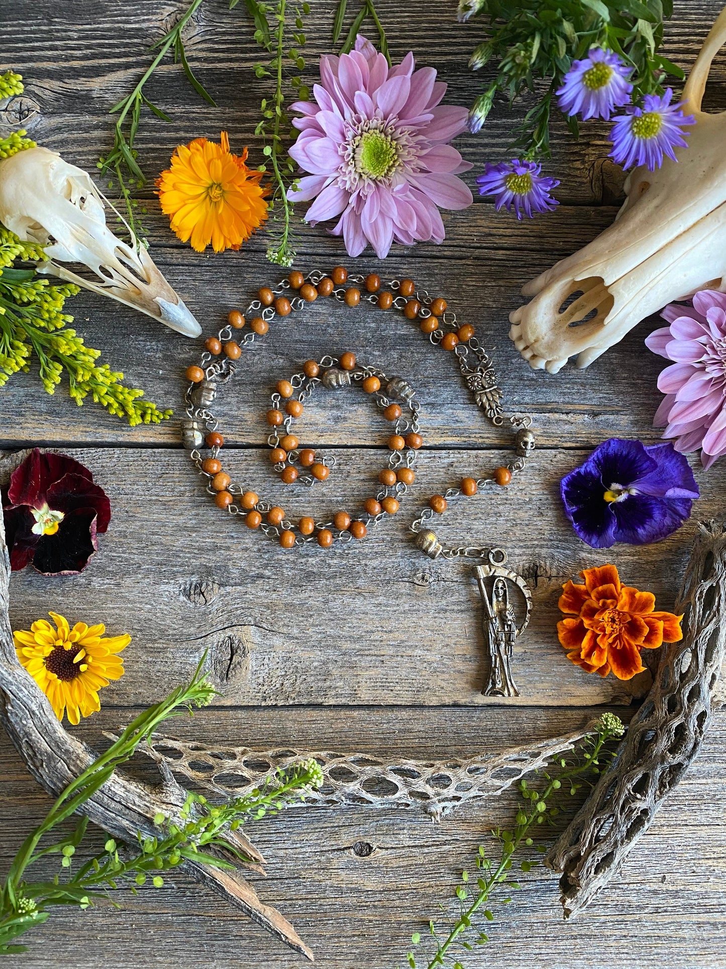 Santa Muerte Marron Rosary with Wood Beads & Santa Muerte Charm + Blessed + Sterling Silver Plated Chain + Handcrafted + Rosario