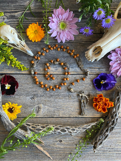 Santa Muerte Marron Rosary with Wood Beads & Santa Muerte Charm + Blessed + Sterling Silver Plated Chain + Handcrafted + Rosario