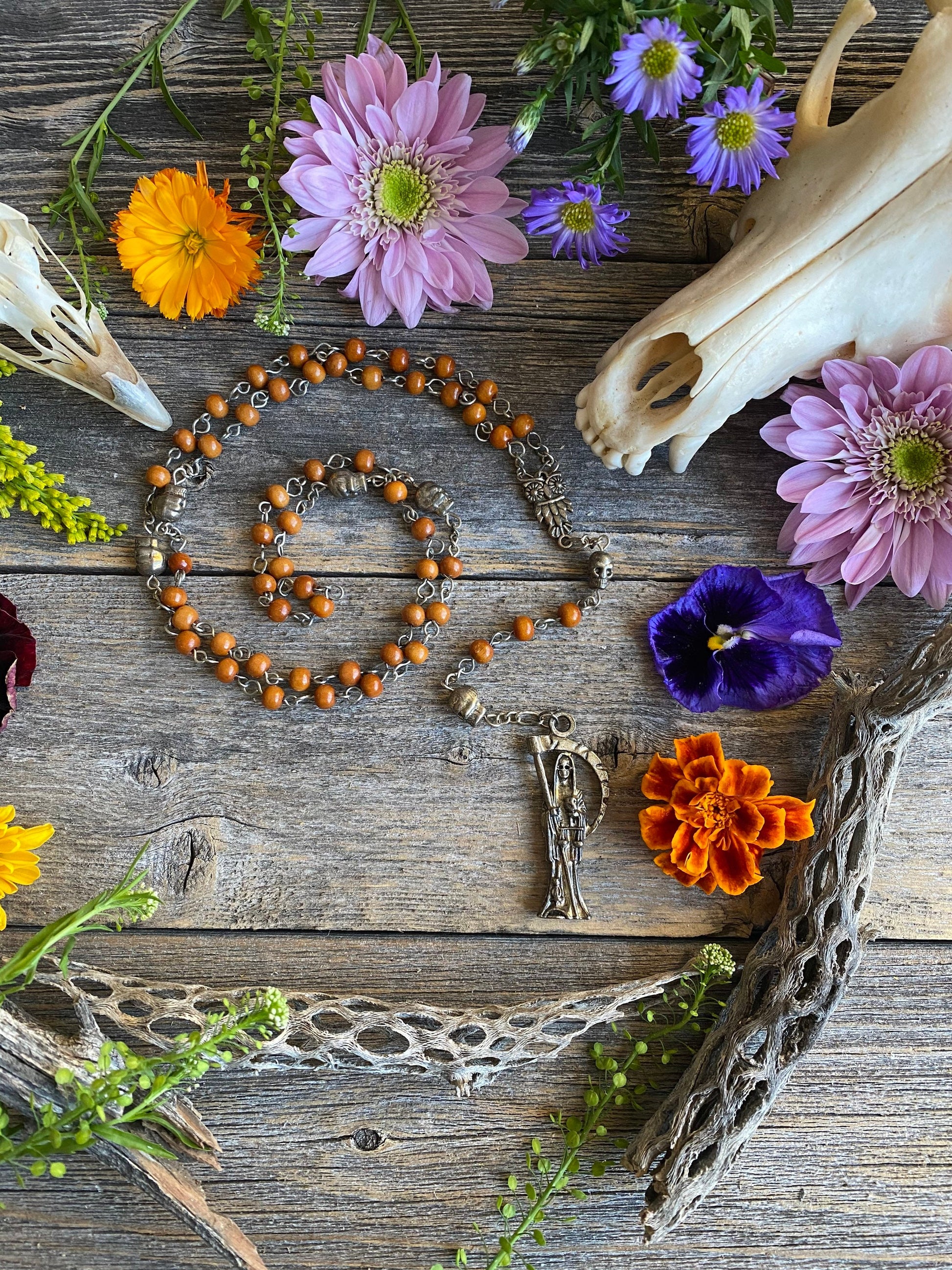 Santa Muerte Marron Rosary with Wood Beads & Santa Muerte Charm + Blessed + Sterling Silver Plated Chain + Handcrafted + Rosario