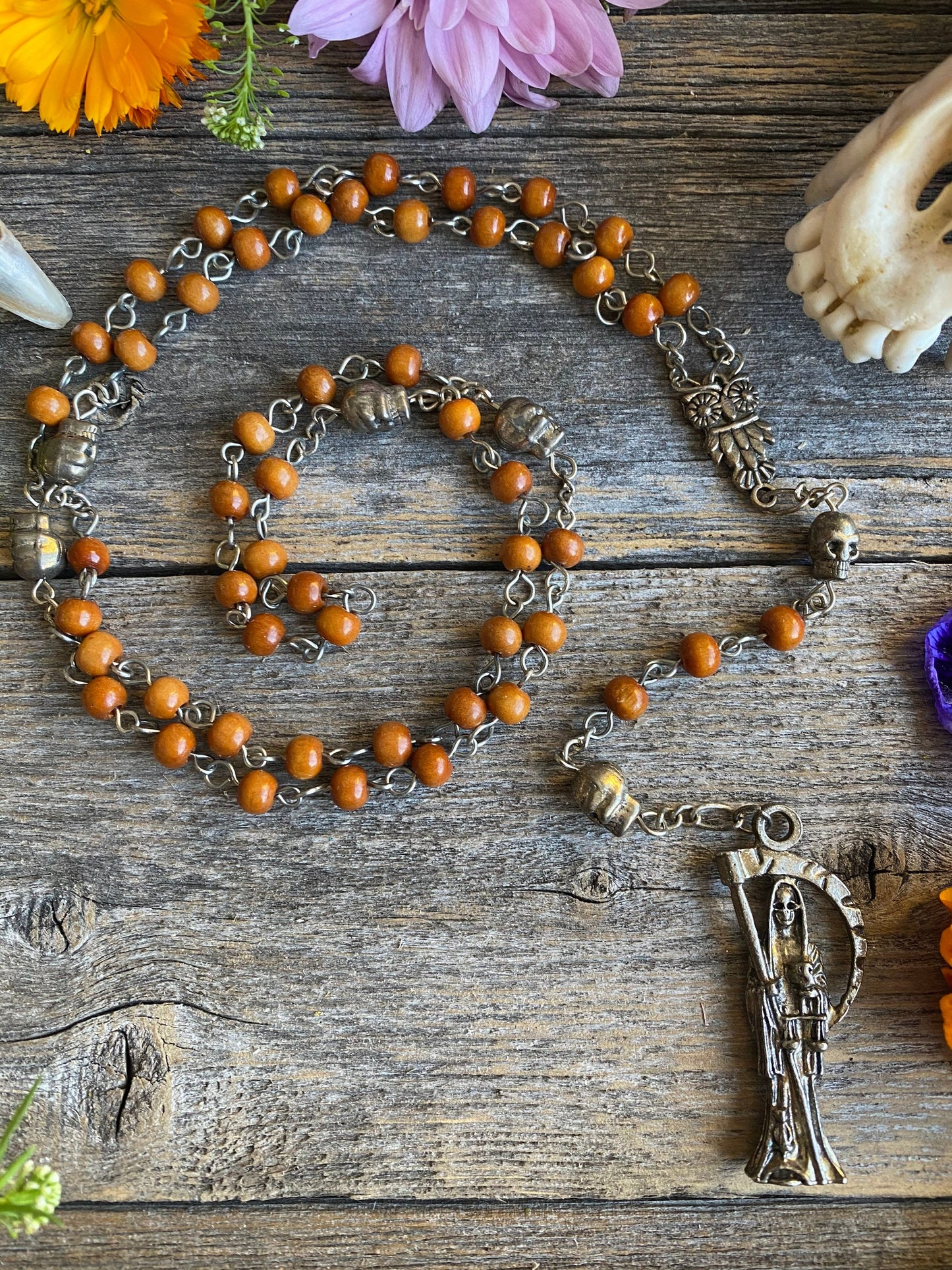 Santa Muerte Marron Rosary with Wood Beads & Santa Muerte Charm + Blessed + Sterling Silver Plated Chain + Handcrafted + Rosario