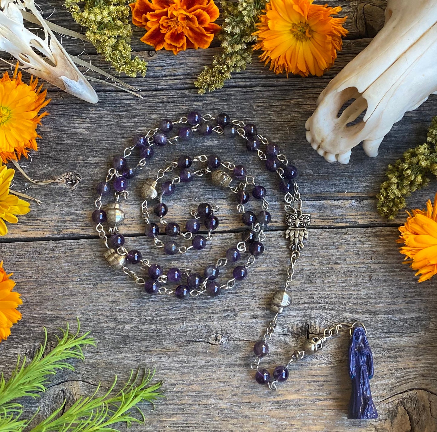 Santa Muerte Morada Rosary + Spirituality + Psychic + Amethyst + Blessed + Purple + Gemstone + Handcrafted + Sterling Silver Chain + Rosario