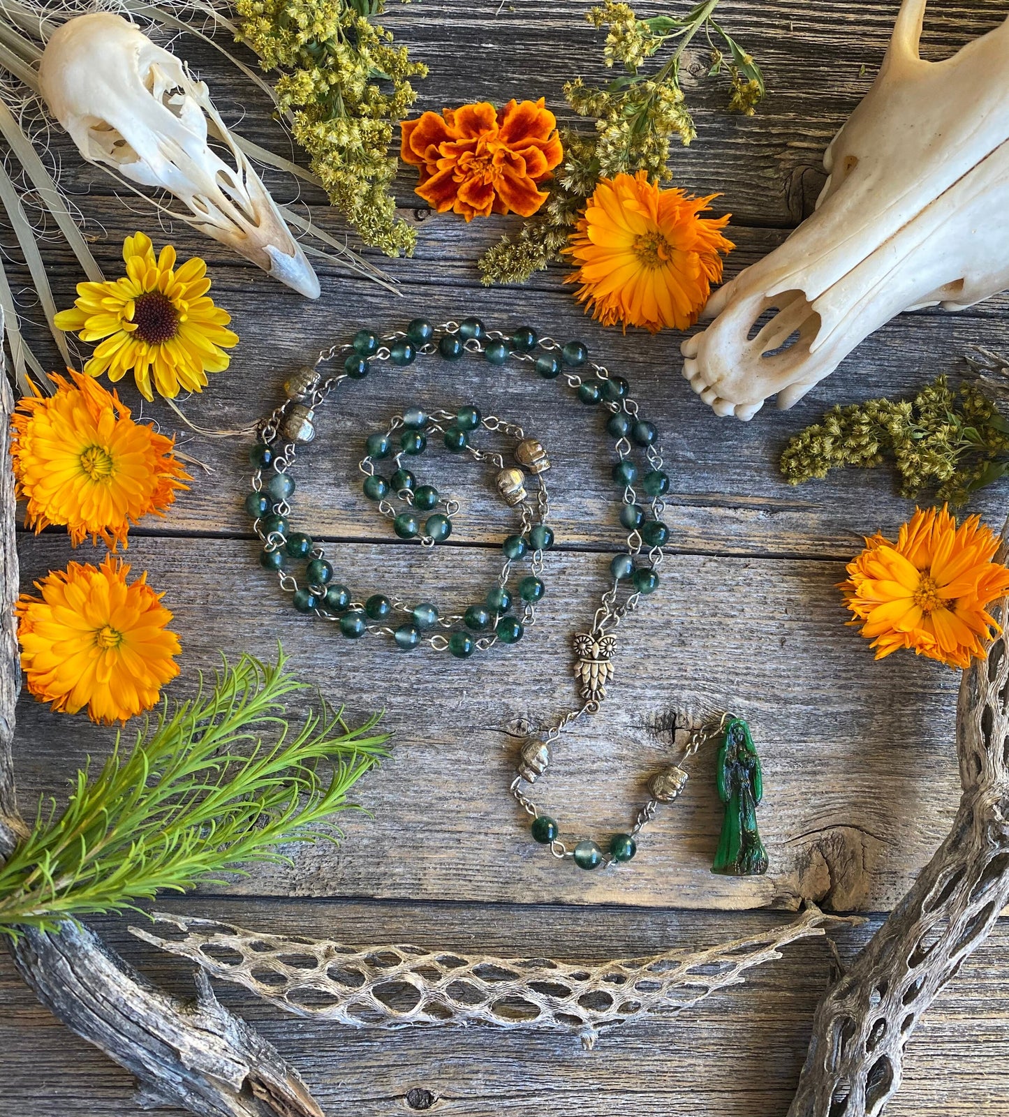 Santa Muerte Verde Rosary + Moss Agate + Green + Money + Legal Issues + Justice + Blessed + Sterling Silver Plated Chain + Handcrafted