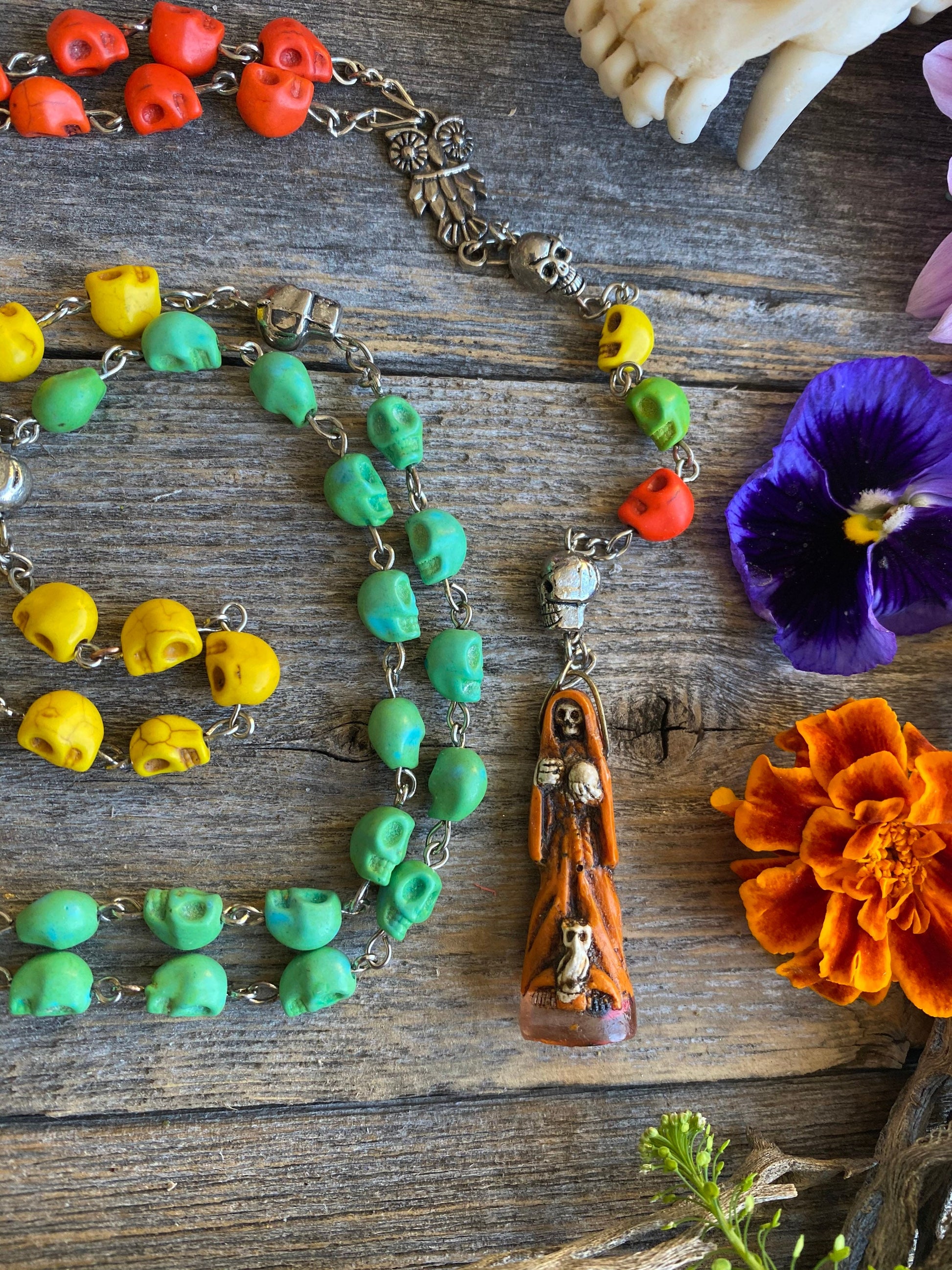 Santa Muerte Abre Camino Rosary + Howlite Skulls + Blessed + Sterling Silver Plated Chain + Handcrafted + Rosario + Road Opener