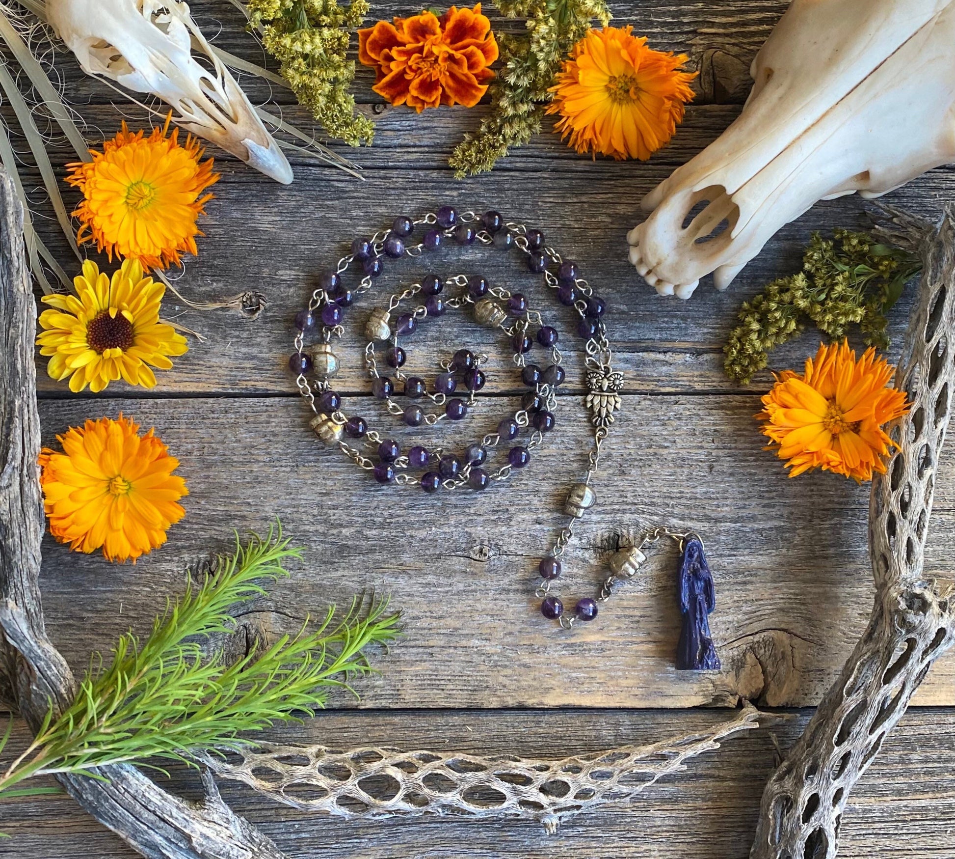 Santa Muerte Morada Rosary + Spirituality + Psychic + Amethyst + Blessed + Purple + Gemstone + Handcrafted + Sterling Silver Chain + Rosario