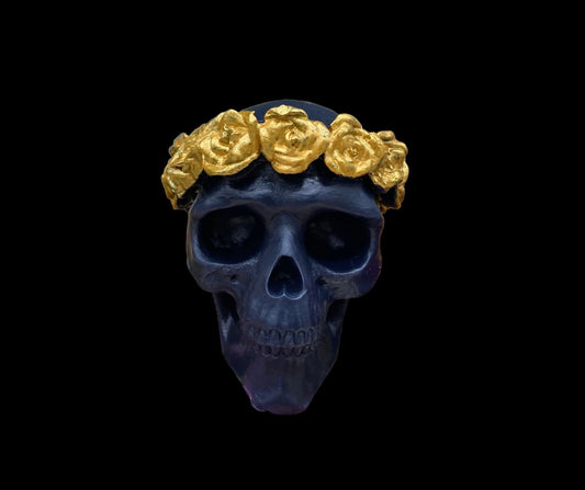 Skull Candle with Gold Roses + Hand Painted