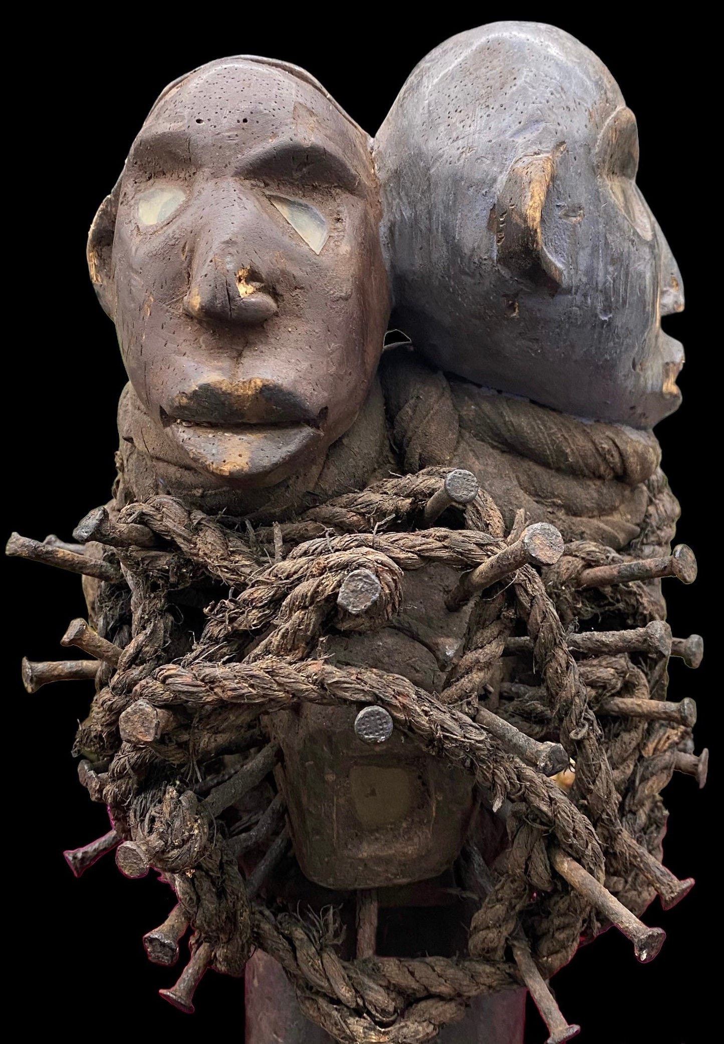 Last One! Nkisi Two-Headed with Glass Statue + Shigidi + Fetish from Kongo for Protection + One of a Kind
