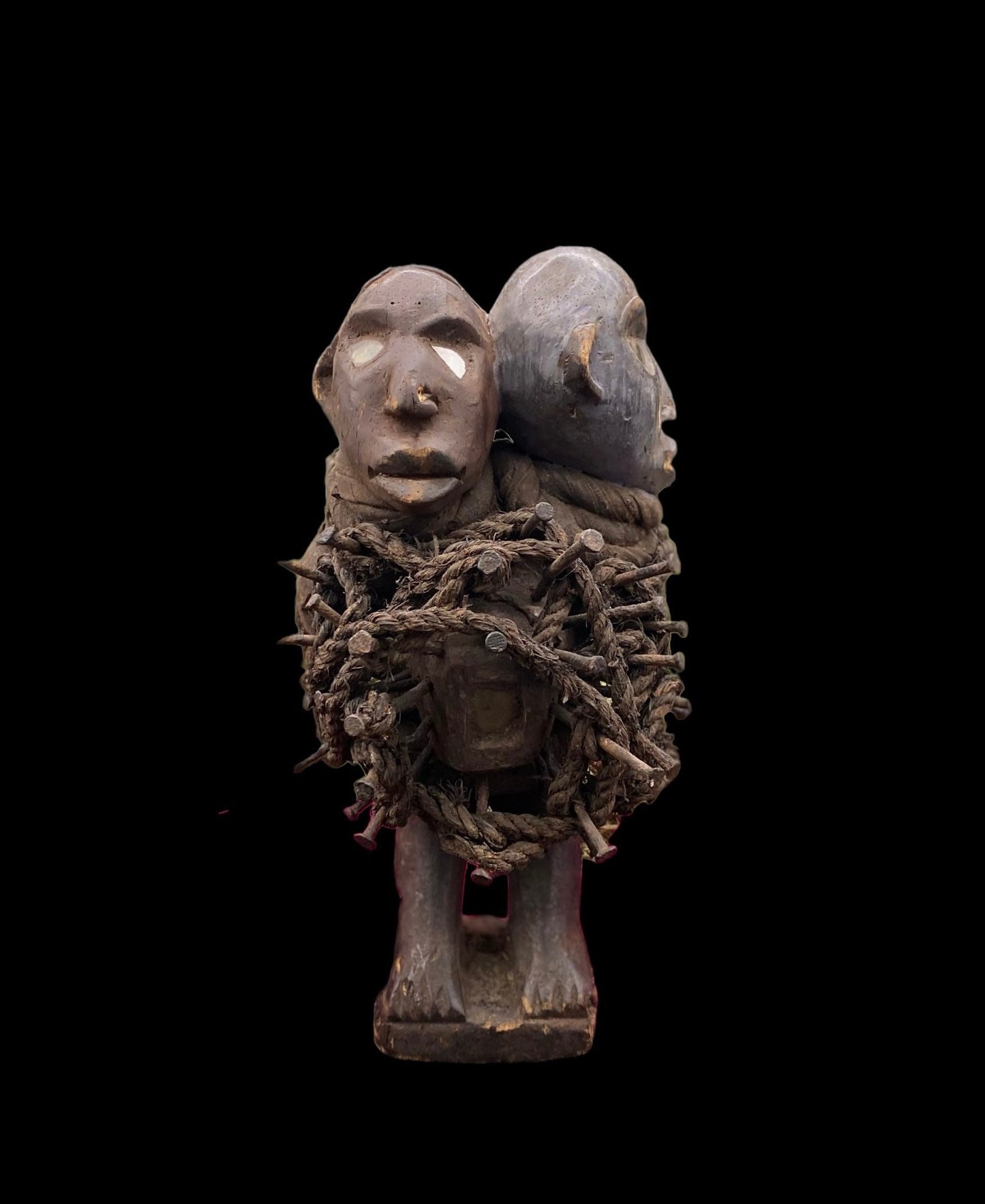 Last One! Nkisi Two-Headed with Glass Statue + Shigidi + Fetish from Kongo for Protection + One of a Kind