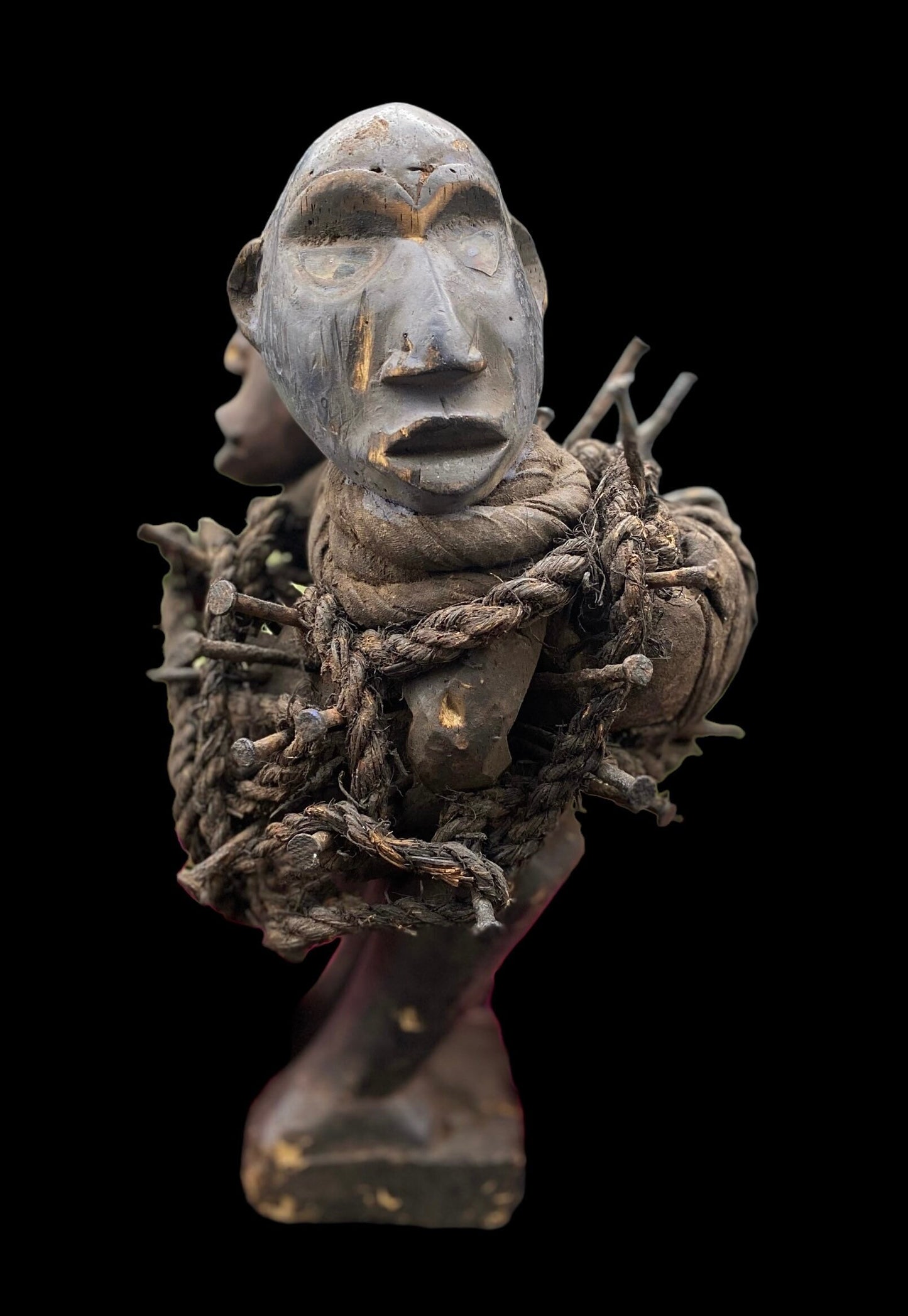 Last One! Nkisi Two-Headed with Glass Statue + Shigidi + Fetish from Kongo for Protection + One of a Kind
