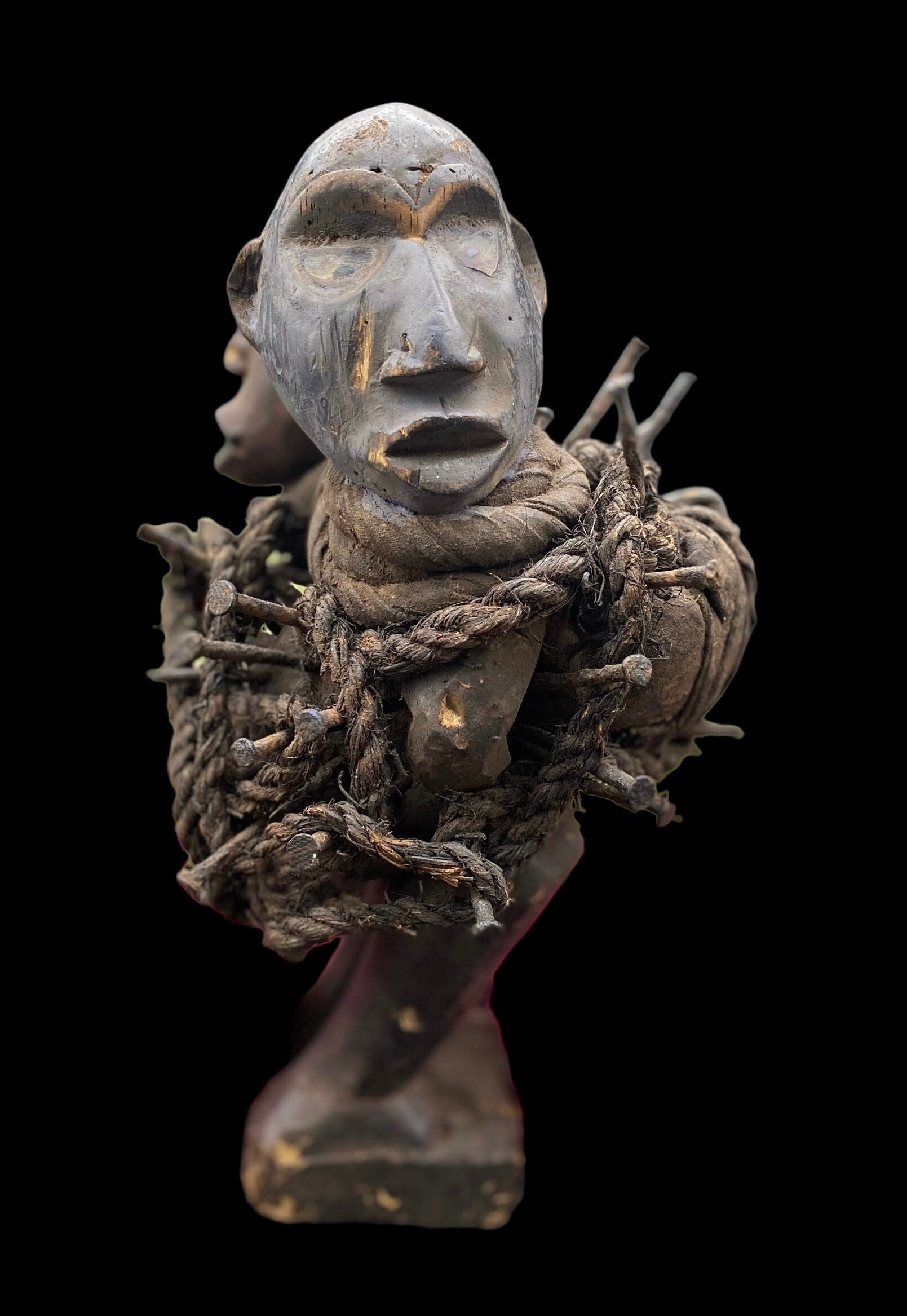 Last One! Nkisi Two-Headed with Glass Statue + Shigidi + Fetish from Kongo for Protection + One of a Kind