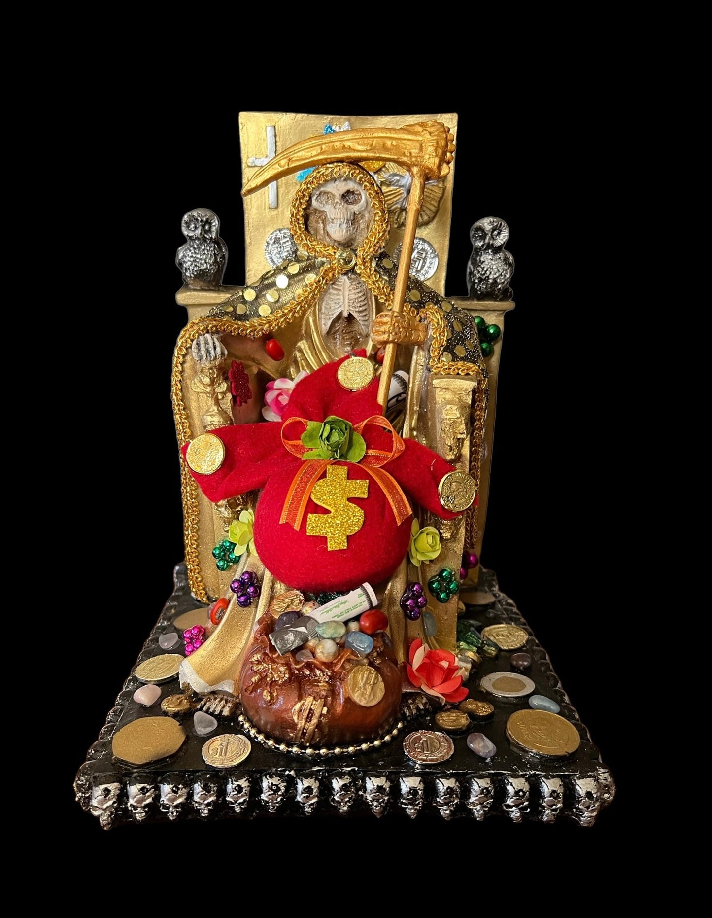 Santa Muerte Dorada Seated Statue + Prosperity + 24K Gold + Baptized + Fixed + Made in Mexico + Trono + Veneration