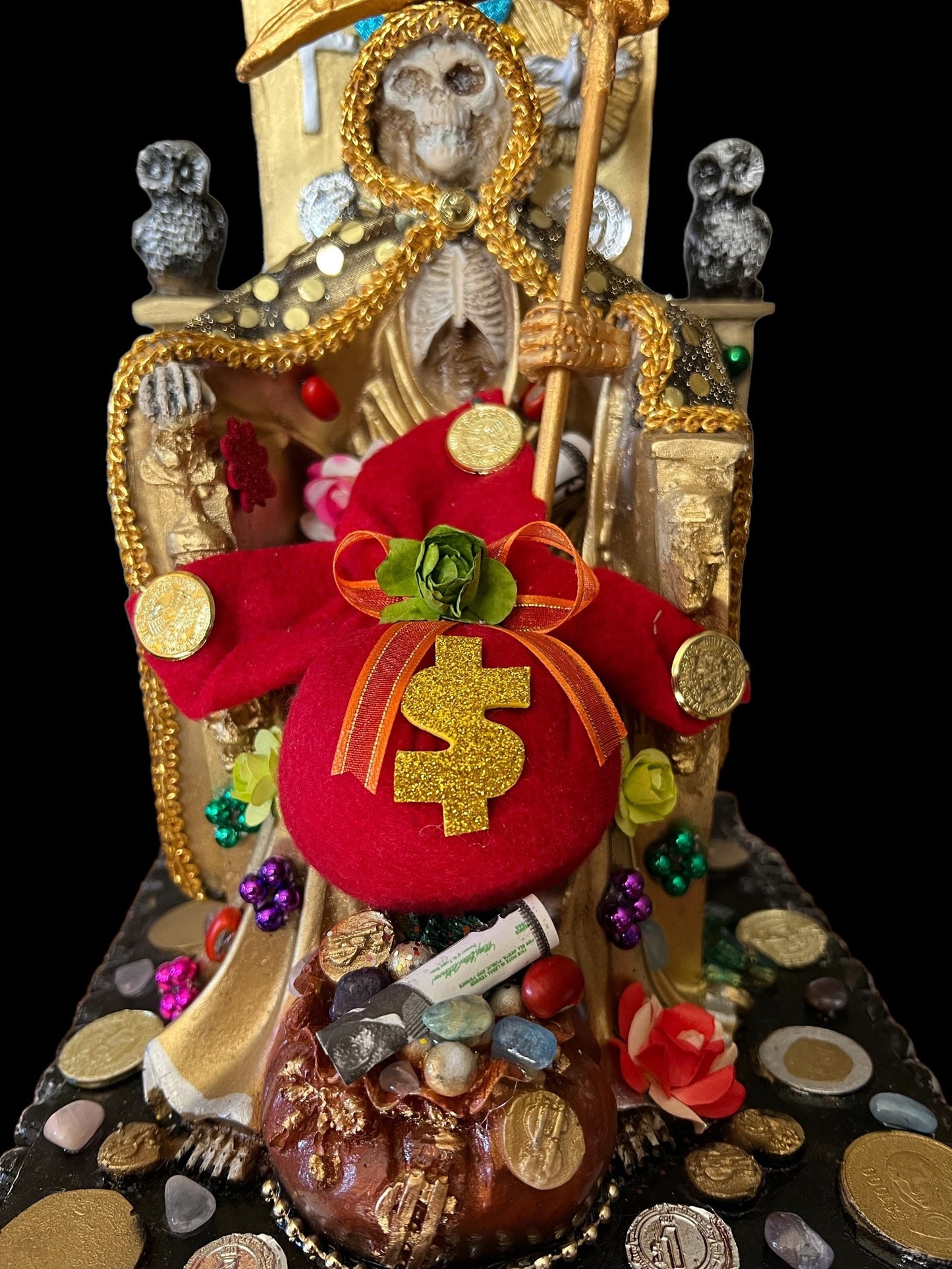 Santa Muerte Dorada Seated Statue + Prosperity + 24K Gold + Baptized + Fixed + Made in Mexico + Trono + Veneration