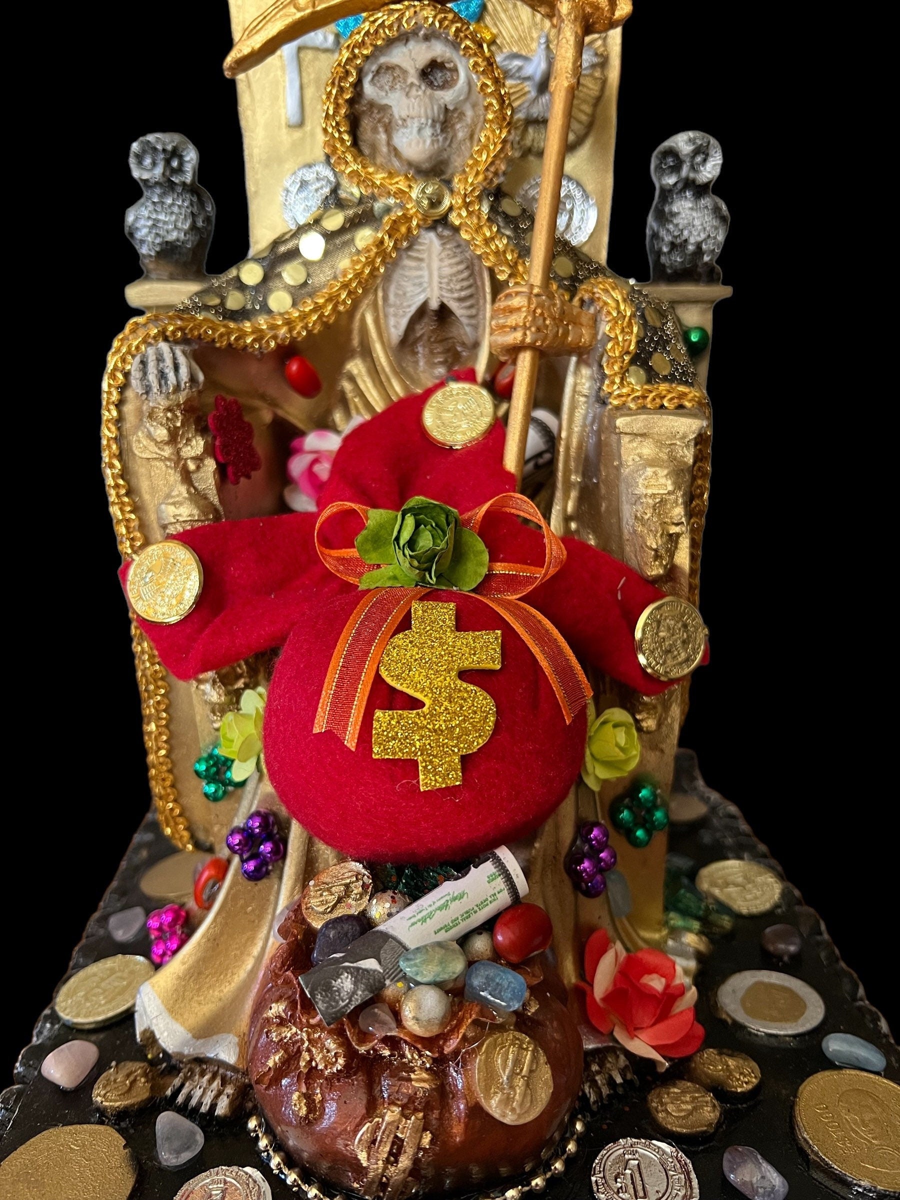Santa Muerte Dorada Seated Statue + Prosperity + 24K Gold + Baptized + Fixed + Made in Mexico + Trono + Veneration