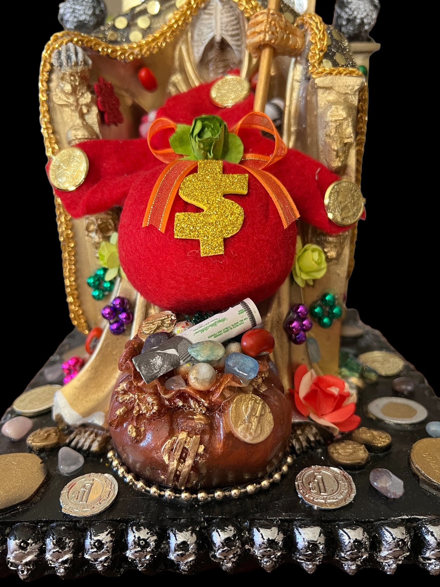 Santa Muerte Dorada Seated Statue + Prosperity + 24K Gold + Baptized + Fixed + Made in Mexico + Trono + Veneration