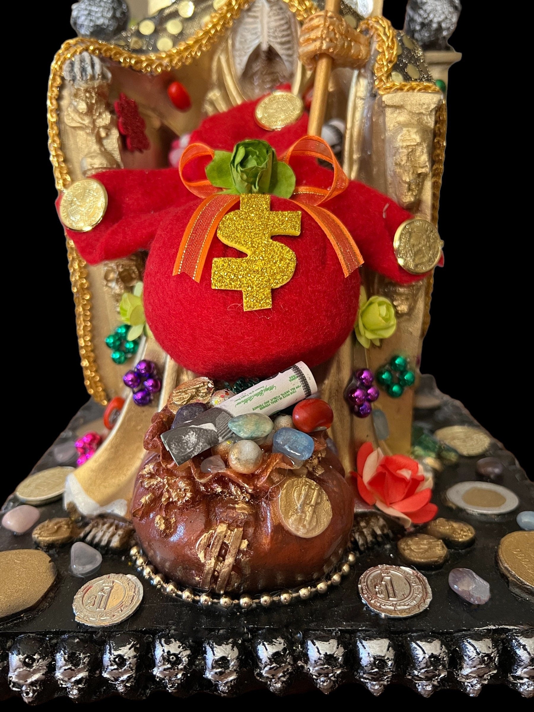 Santa Muerte Dorada Seated Statue + Prosperity + 24K Gold + Baptized + Fixed + Made in Mexico + Trono + Veneration