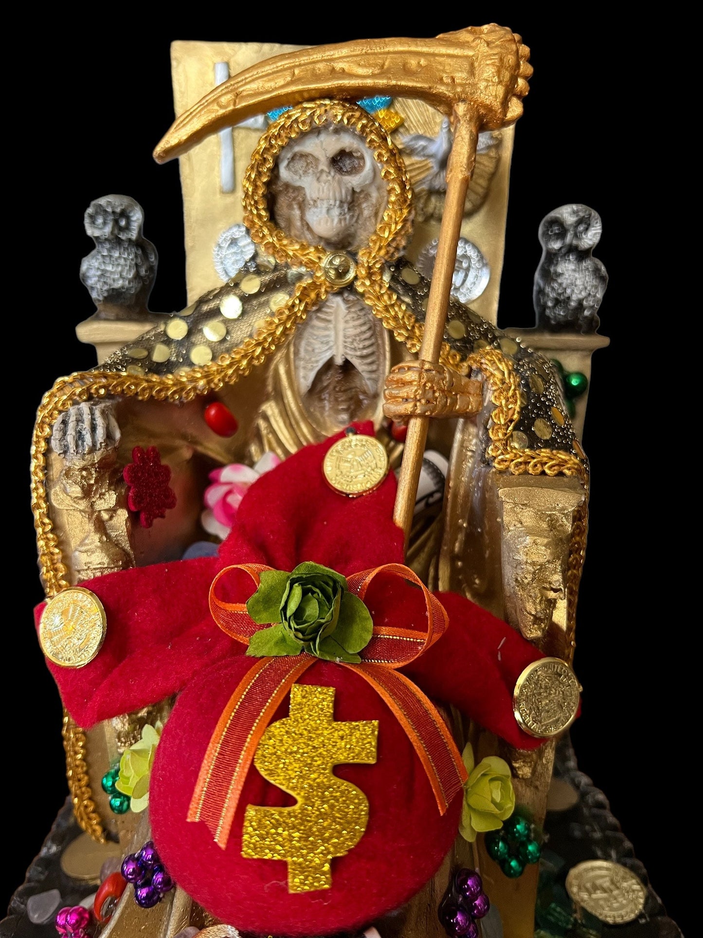 Santa Muerte Dorada Seated Statue + Prosperity + 24K Gold + Baptized + Fixed + Made in Mexico + Trono + Veneration