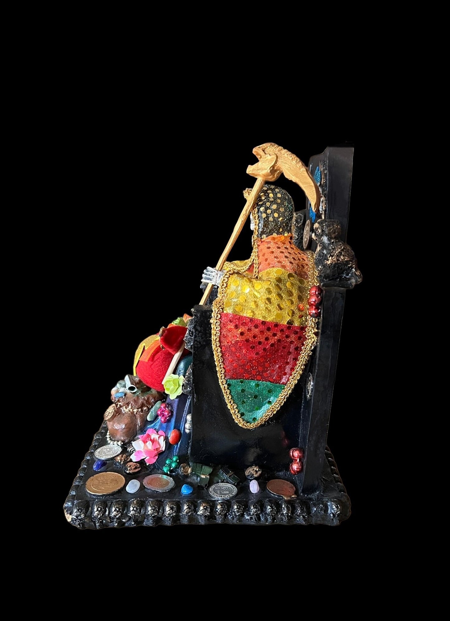 Santa Muerte Siete Colores Seated Statue + Protection + 24K Gold + Baptized + Fixed + Made in Mexico + Trono + Veneration