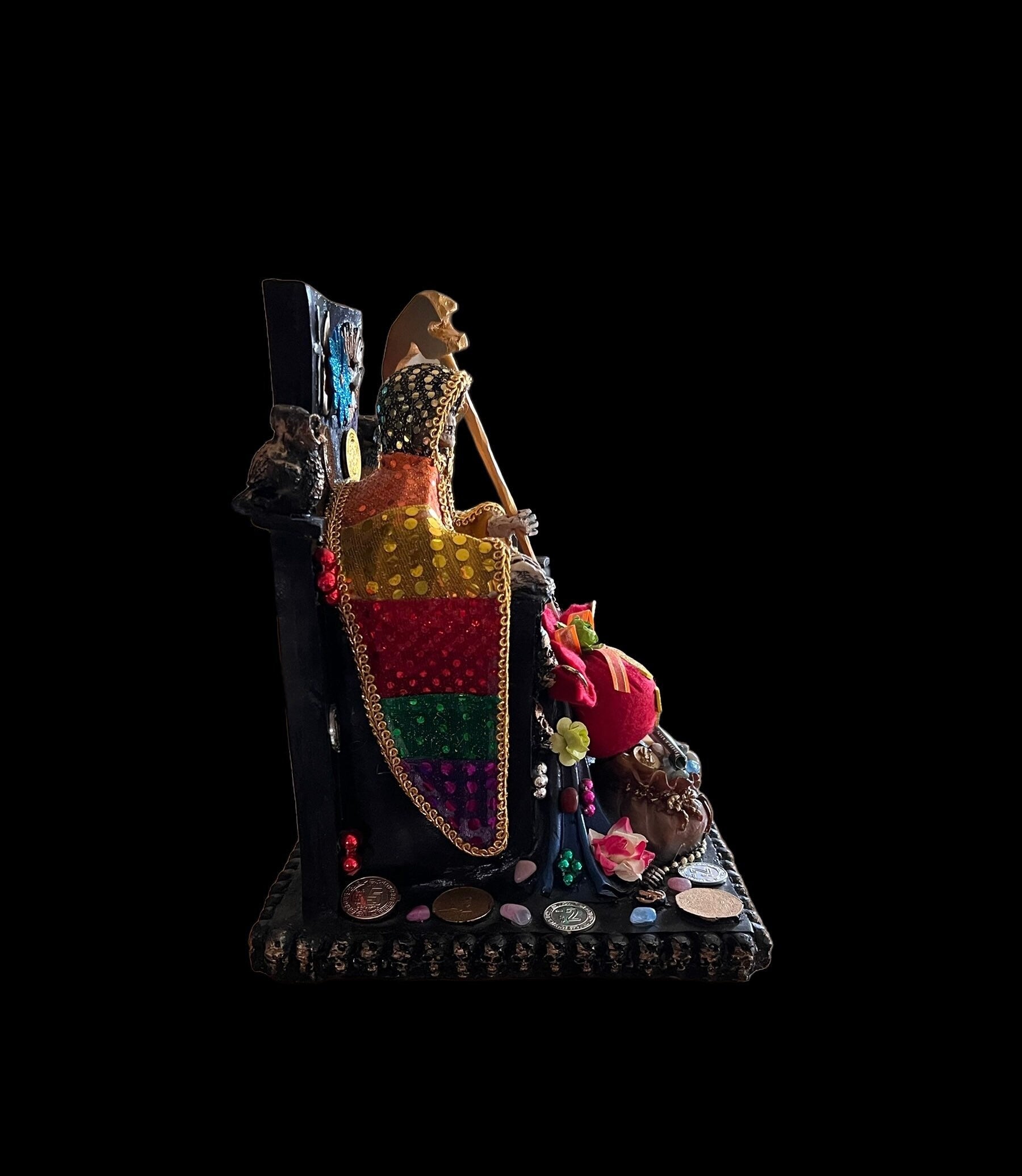 Santa Muerte Siete Colores Seated Statue + Protection + 24K Gold + Baptized + Fixed + Made in Mexico + Trono + Veneration