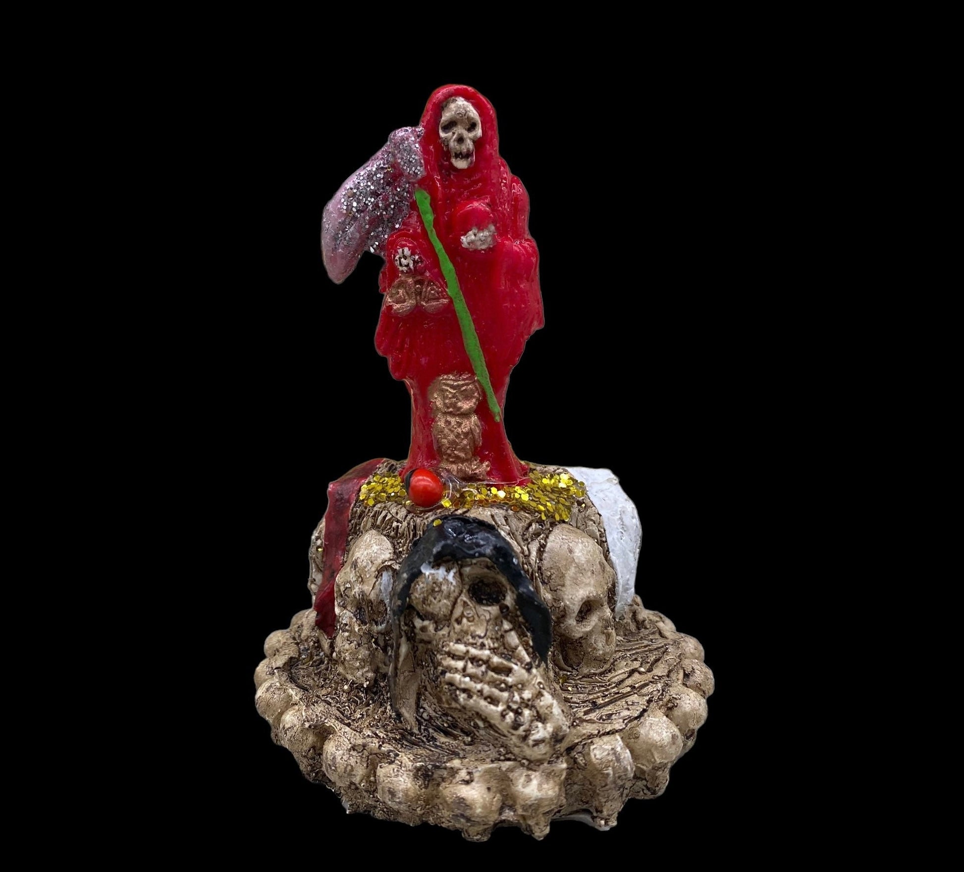 Santa Muerte Roja Statuette + Hear, Speak, See No Evil + Hide Love Spellwork + Baptized + Blessed + Fixed + Made in Mexico