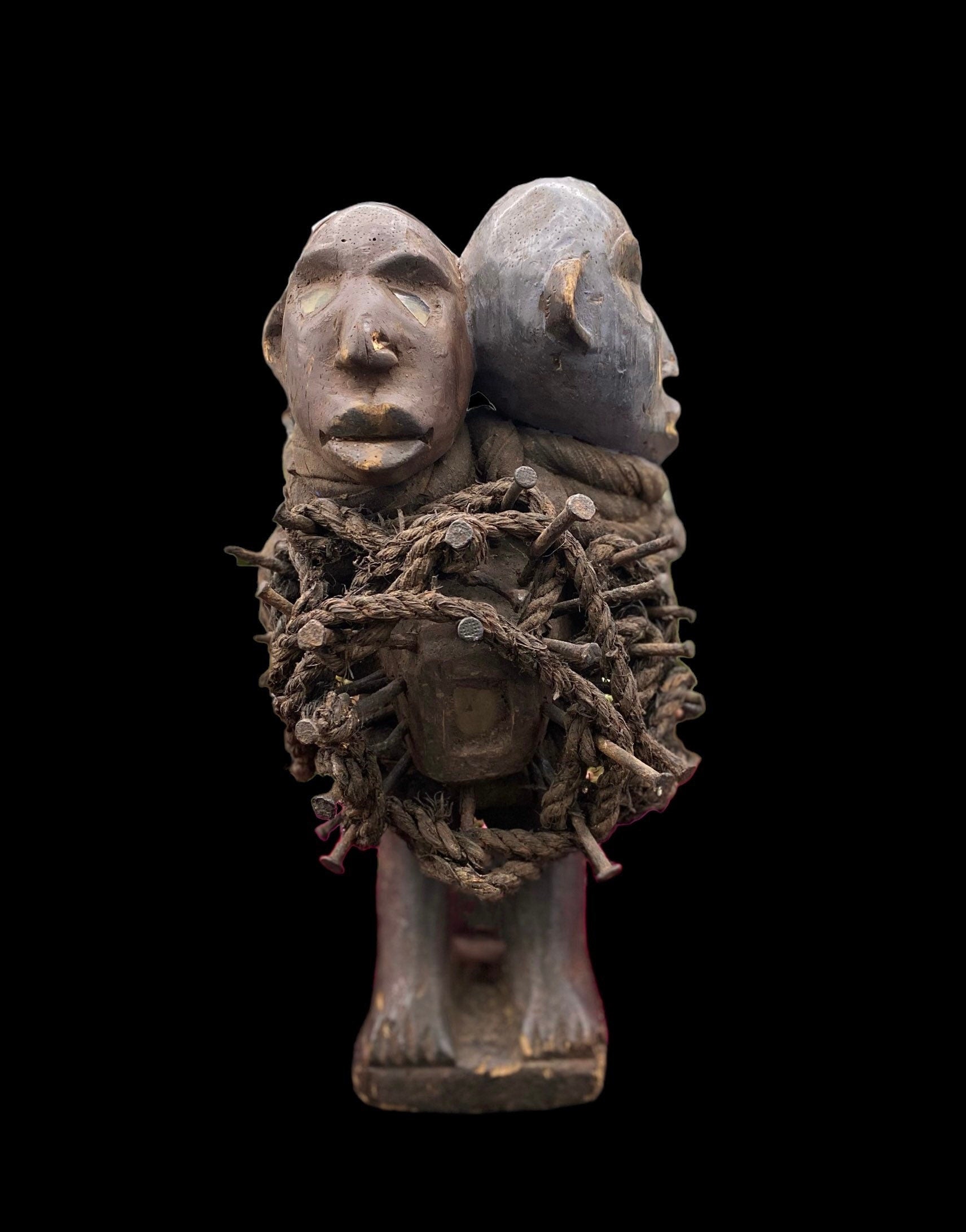 Last One! Nkisi Two-Headed with Glass Statue + Shigidi + Fetish from Kongo for Protection + One of a Kind