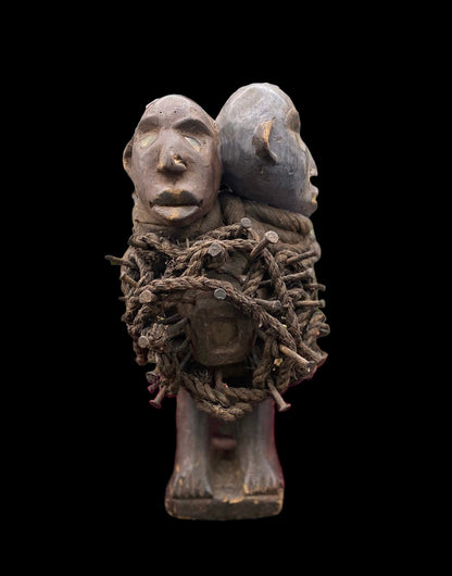 Last One! Nkisi Two-Headed with Glass Statue + Shigidi + Fetish from Kongo for Protection + One of a Kind