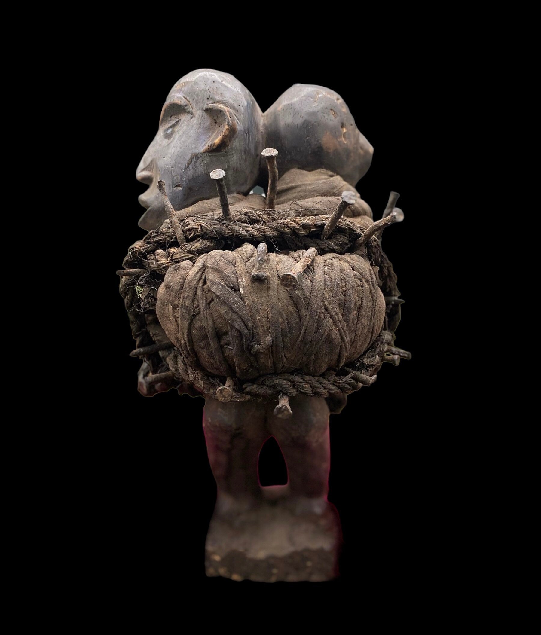 Last One! Nkisi Two-Headed with Glass Statue + Shigidi + Fetish from Kongo for Protection + One of a Kind