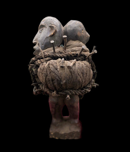 Last One! Nkisi Two-Headed with Glass Statue + Shigidi + Fetish from Kongo for Protection + One of a Kind