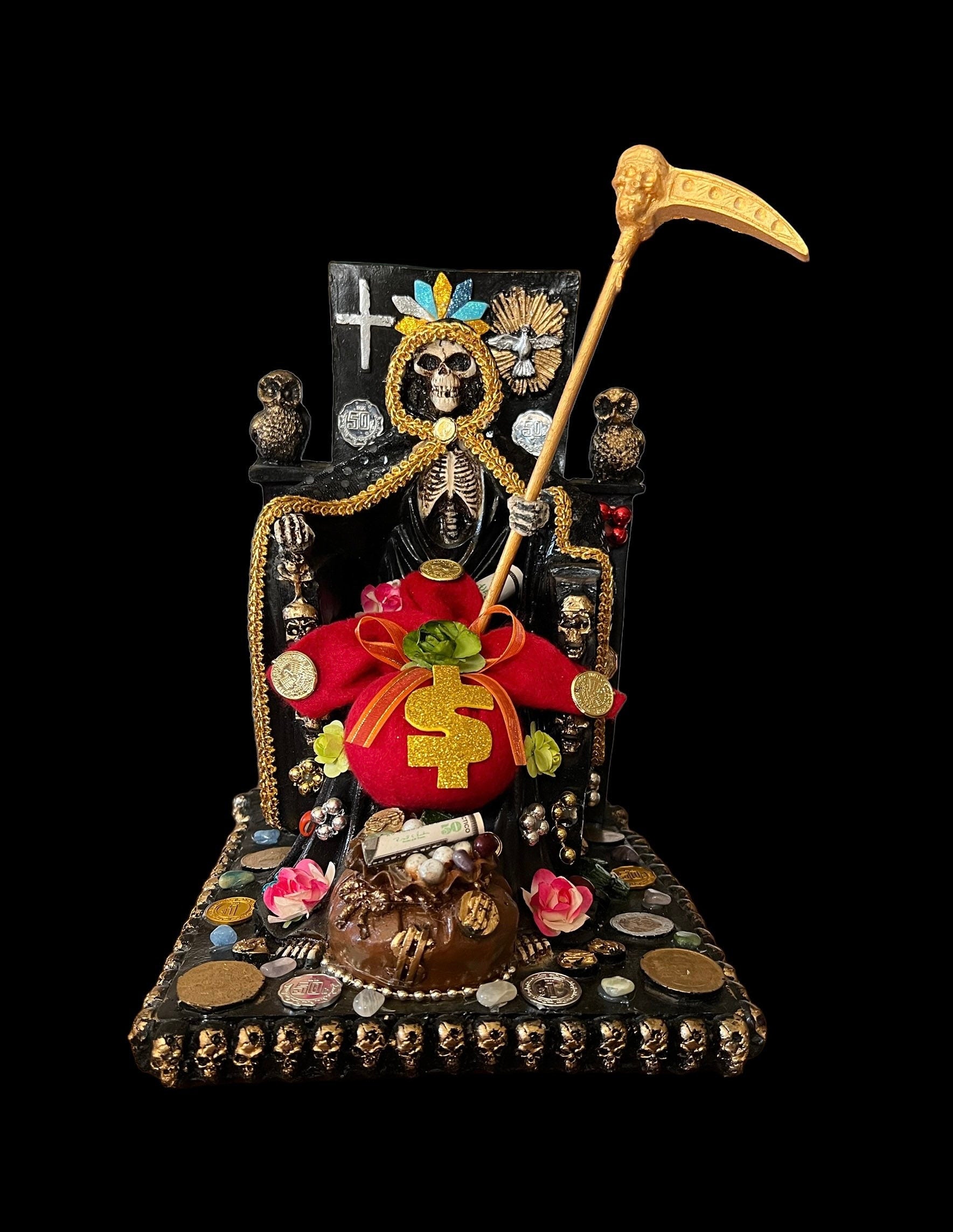 Santa Muerte Negra Seated Statue + Protection + Witchcraft + Necromancy + 24K Gold + Baptized + Fixed + Made in Mexico + Trono + Veneration