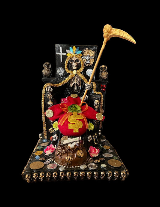 Santa Muerte Negra Seated Statue + Protection + Witchcraft + Necromancy + 24K Gold + Baptized + Fixed + Made in Mexico + Trono + Veneration