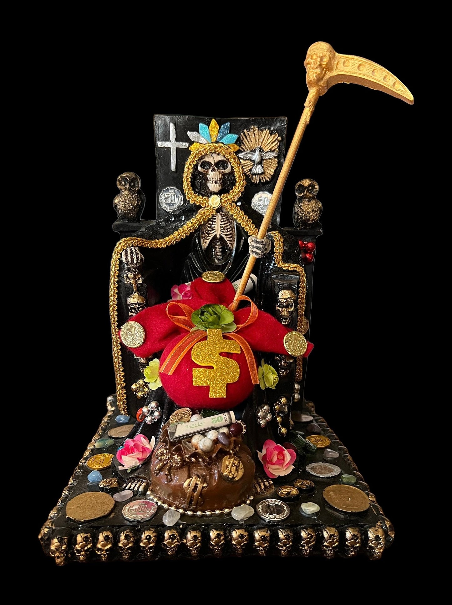Santa Muerte Negra Seated Statue + Protection + Witchcraft + Necromancy + 24K Gold + Baptized + Fixed + Made in Mexico + Trono + Veneration
