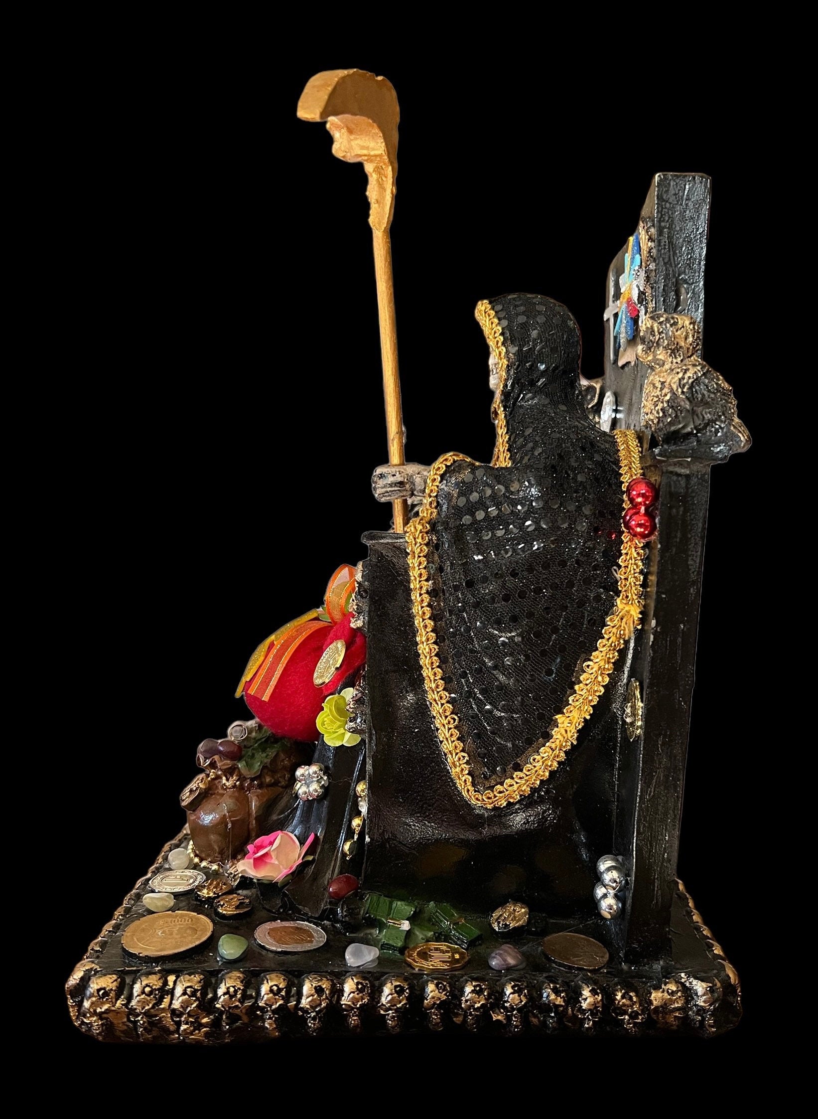 Santa Muerte Negra Seated Statue + Protection + Witchcraft + Necromancy + 24K Gold + Baptized + Fixed + Made in Mexico + Trono + Veneration