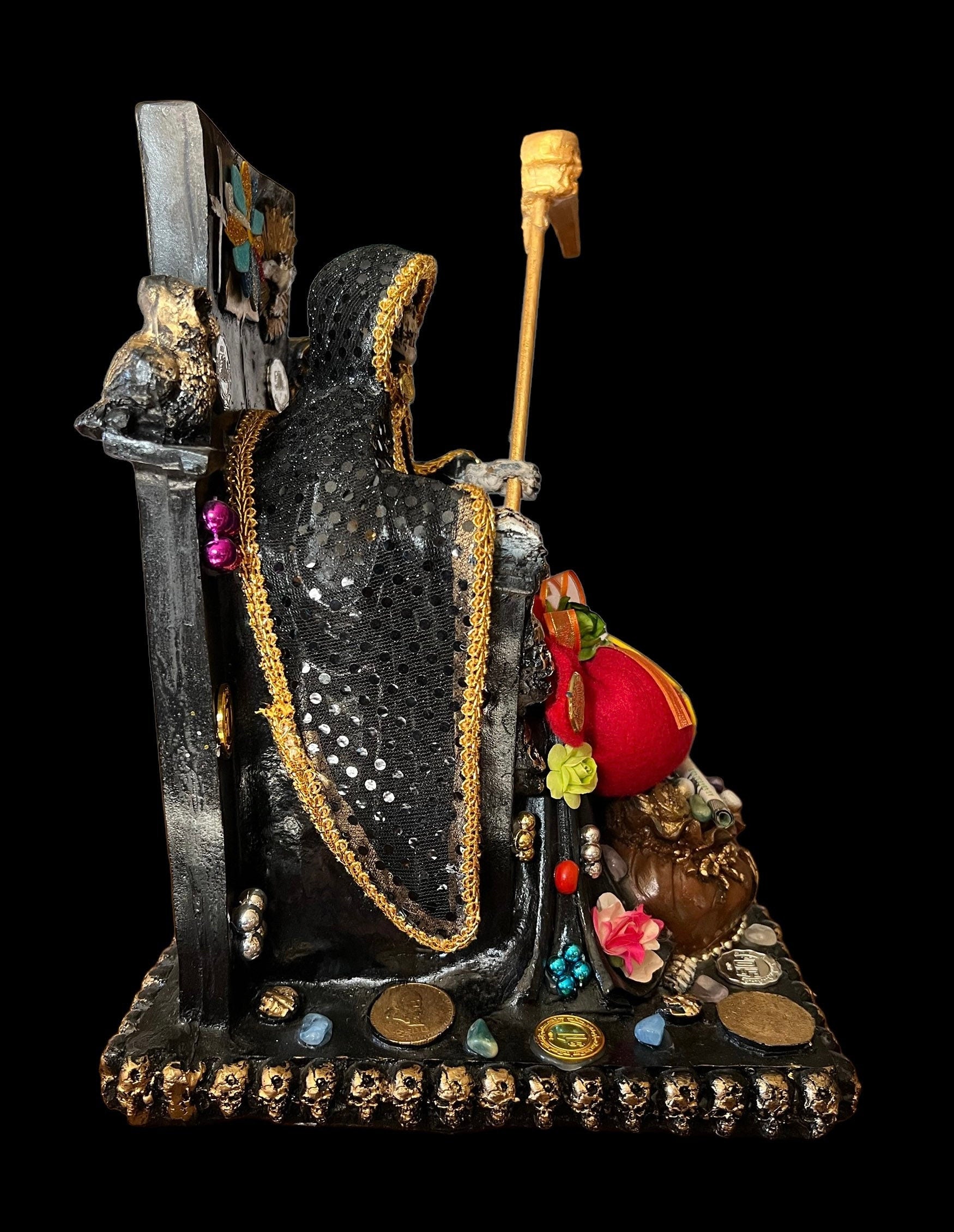 Santa Muerte Negra Seated Statue + Protection + Witchcraft + Necromancy + 24K Gold + Baptized + Fixed + Made in Mexico + Trono + Veneration