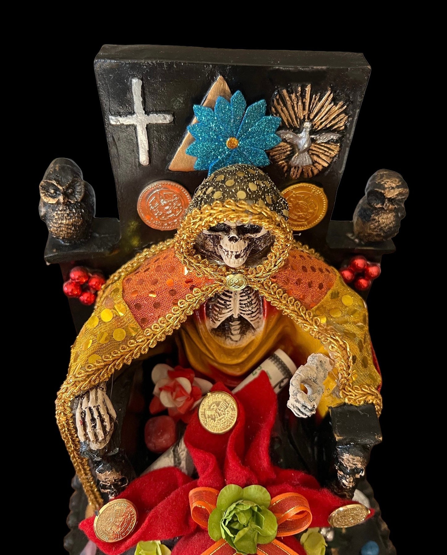Santa Muerte Siete Colores Seated Statue + Protection + 24K Gold + Baptized + Fixed + Made in Mexico + Trono + Veneration