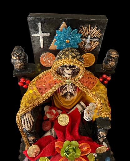 Santa Muerte Siete Colores Seated Statue + Protection + 24K Gold + Baptized + Fixed + Made in Mexico + Trono + Veneration