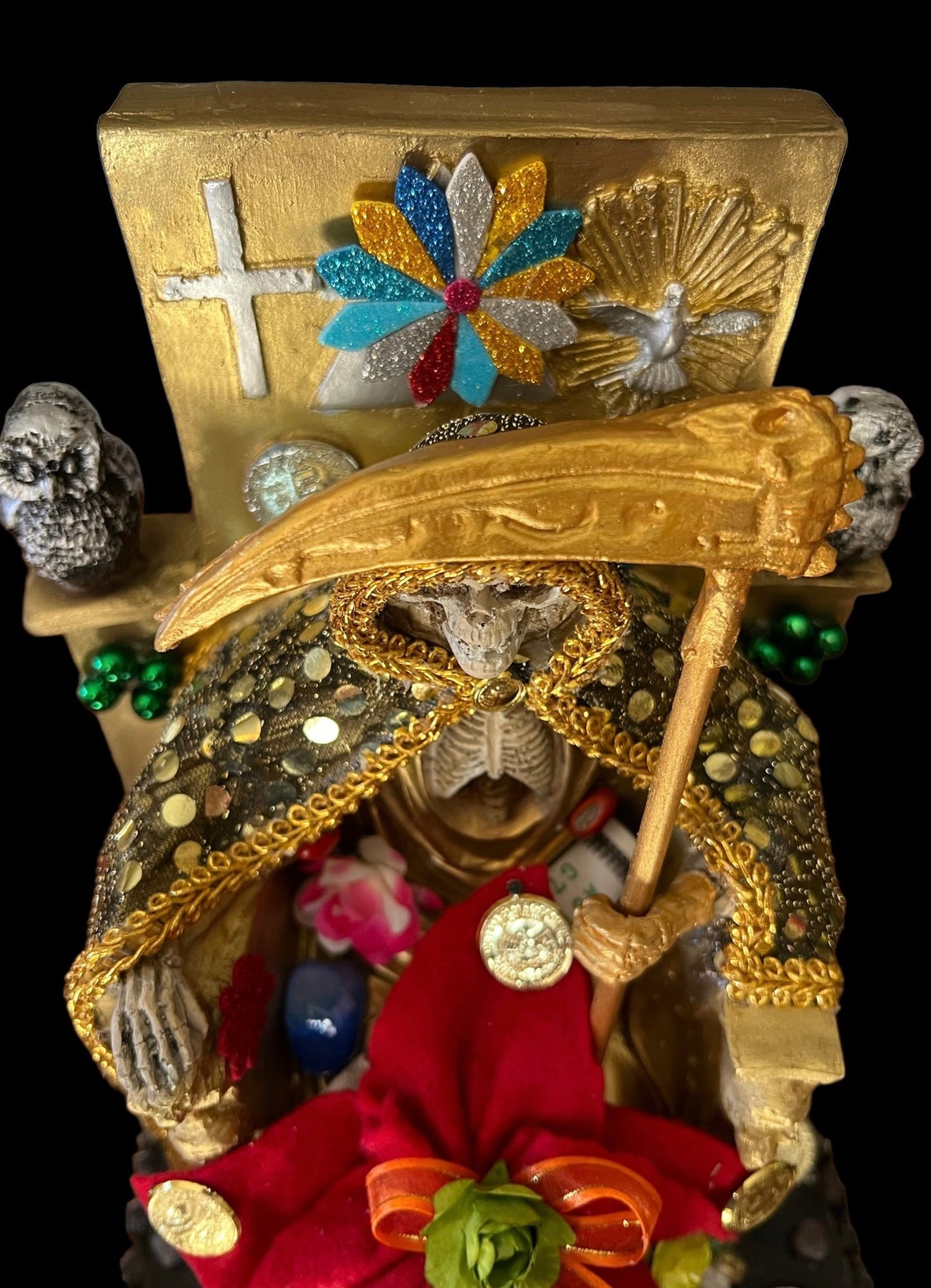 Santa Muerte Dorada Seated Statue + Prosperity + 24K Gold + Baptized + Fixed + Made in Mexico + Trono + Veneration