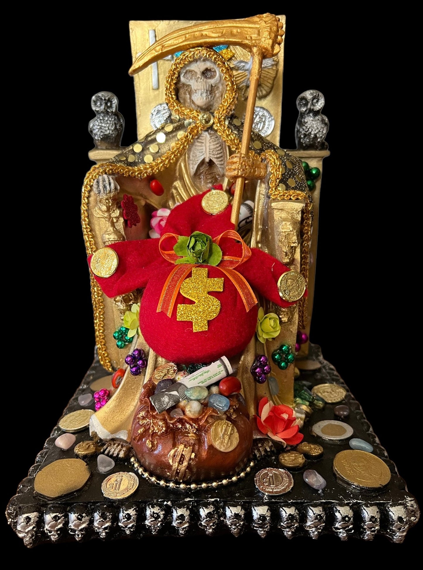 Santa Muerte Dorada Seated Statue + Prosperity + 24K Gold + Baptized + Fixed + Made in Mexico + Trono + Veneration