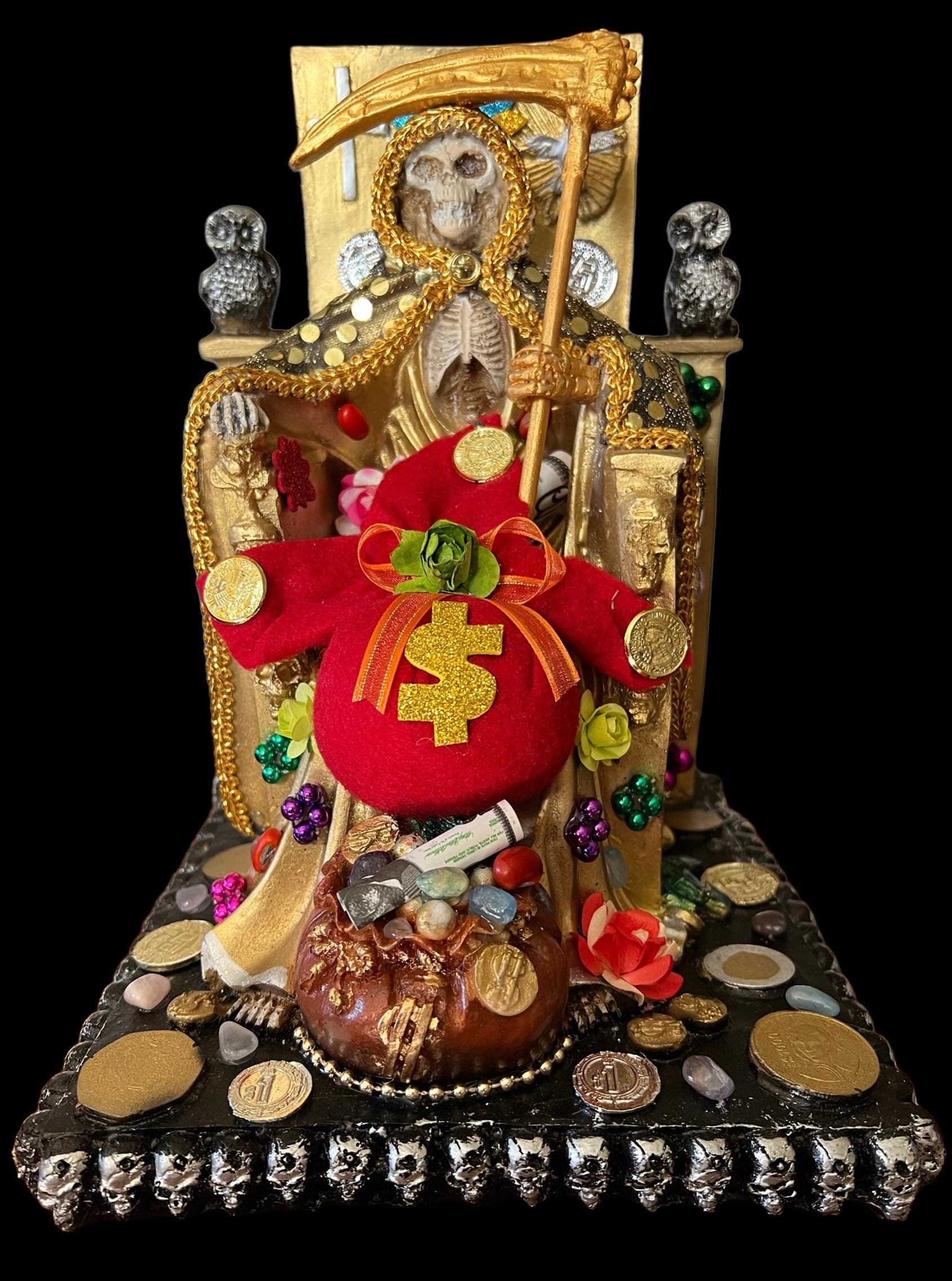Santa Muerte Dorada Seated Statue + Prosperity + 24K Gold + Baptized + Fixed + Made in Mexico + Trono + Veneration