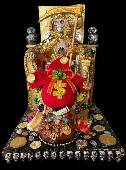 Santa Muerte Dorada Seated Statue + Prosperity + 24K Gold + Baptized + Fixed + Made in Mexico + Trono + Veneration
