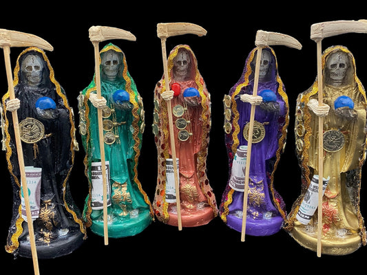 Deluxe Santa Muerte Statue + 24K Gold + 7” + Baptized + Fixed + Made in Mexico