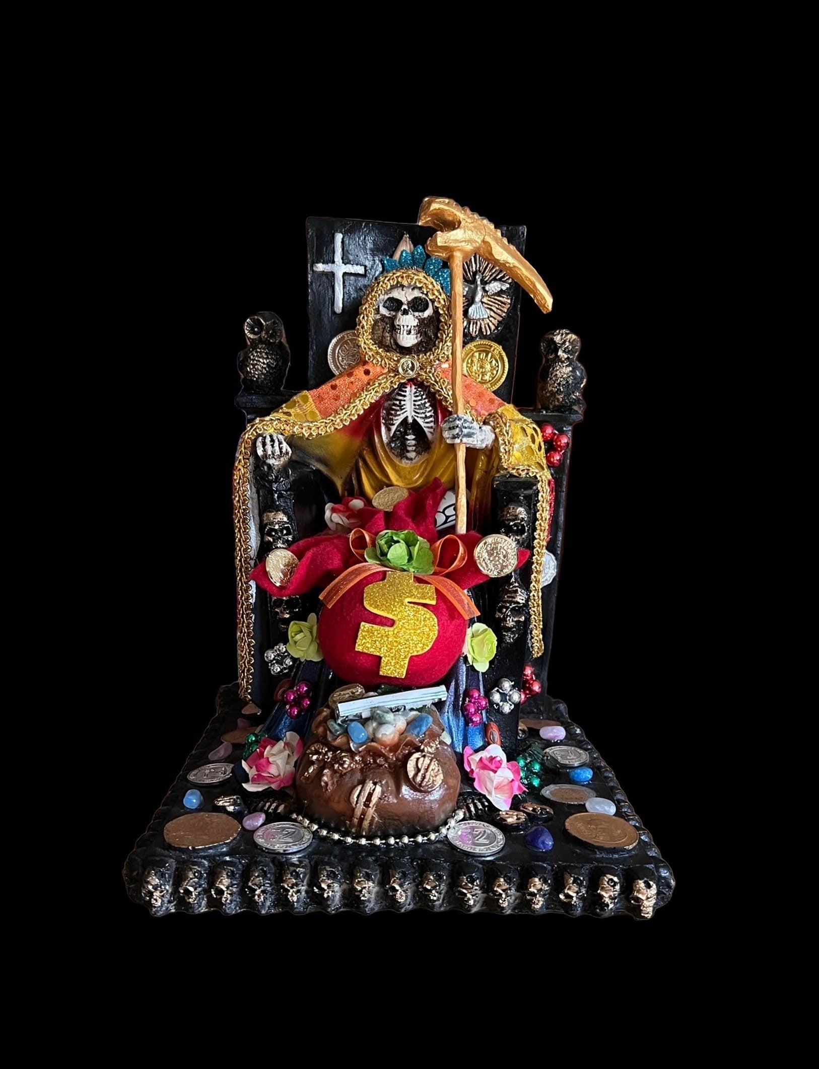 Santa Muerte Siete Colores Seated Statue + Protection + 24K Gold + Baptized + Fixed + Made in Mexico + Trono + Veneration