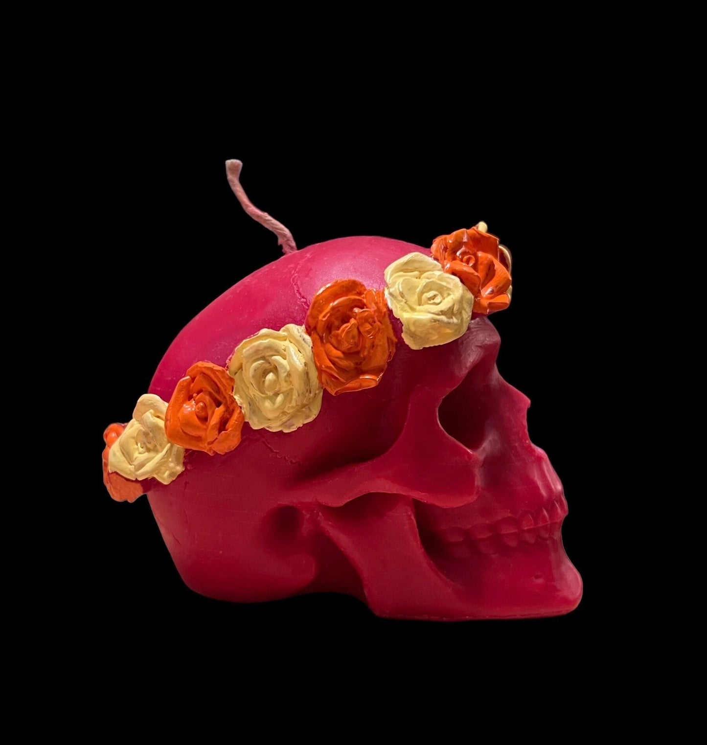 Skull Candle with Orange & Yellow Roses + Hand Painted
