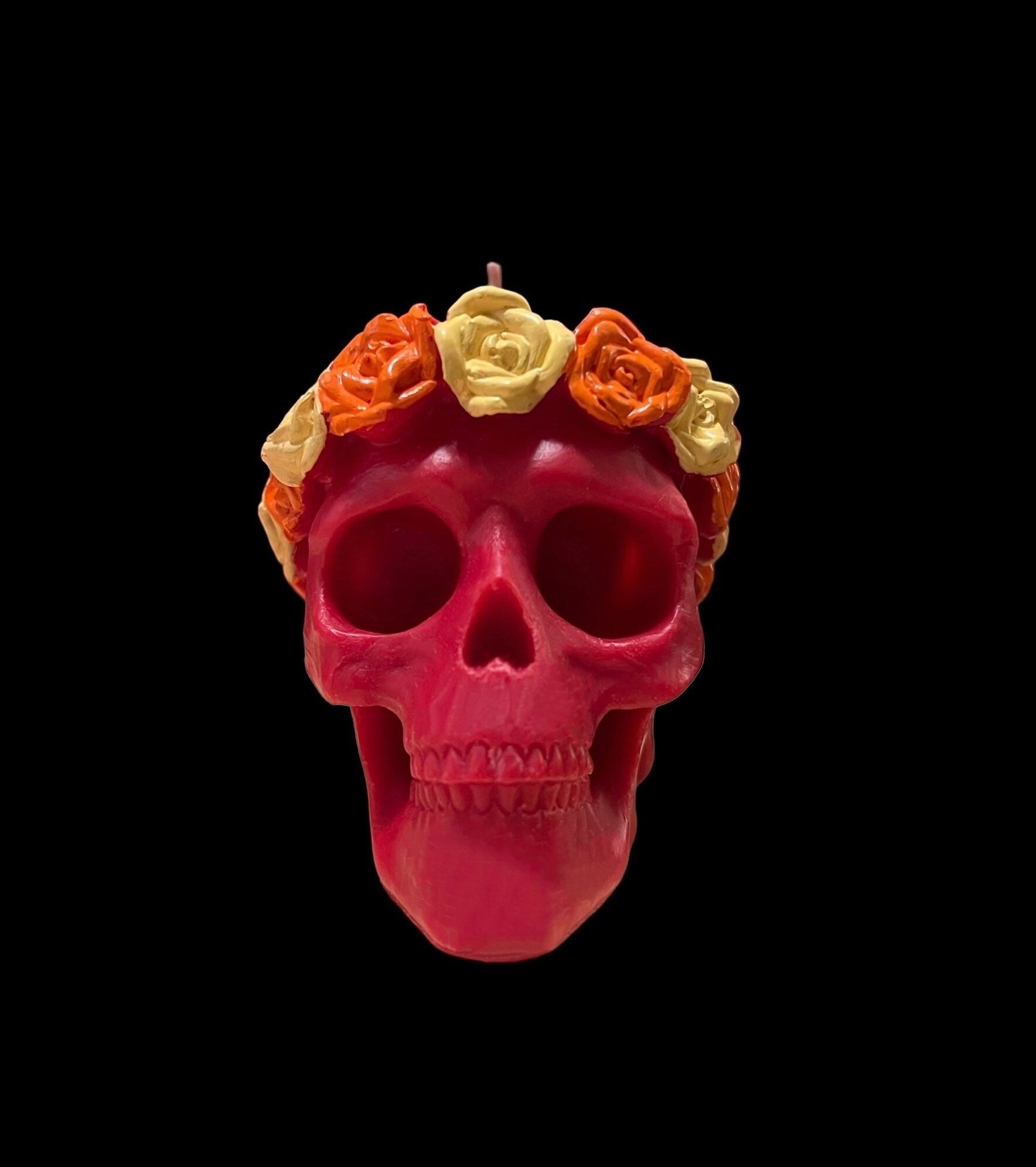 Skull Candle with Orange & Yellow Roses + Hand Painted