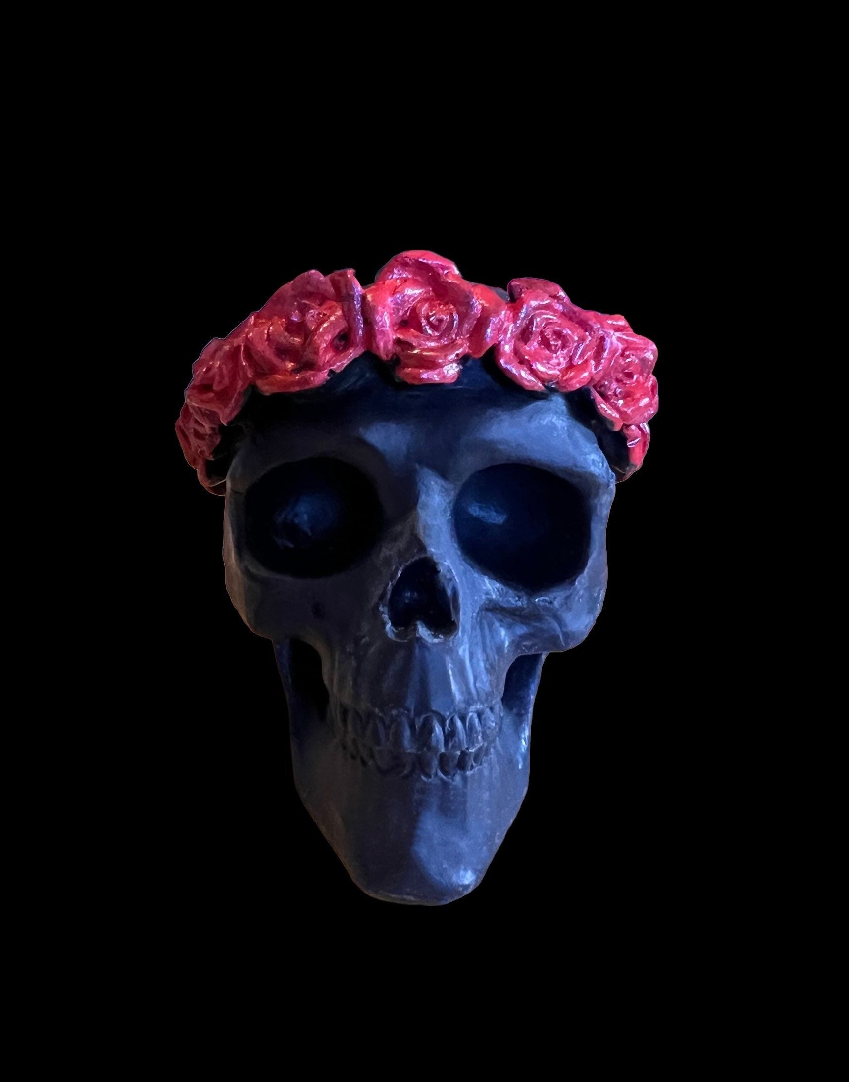 Skull Candle with Red Roses + Hand Painted