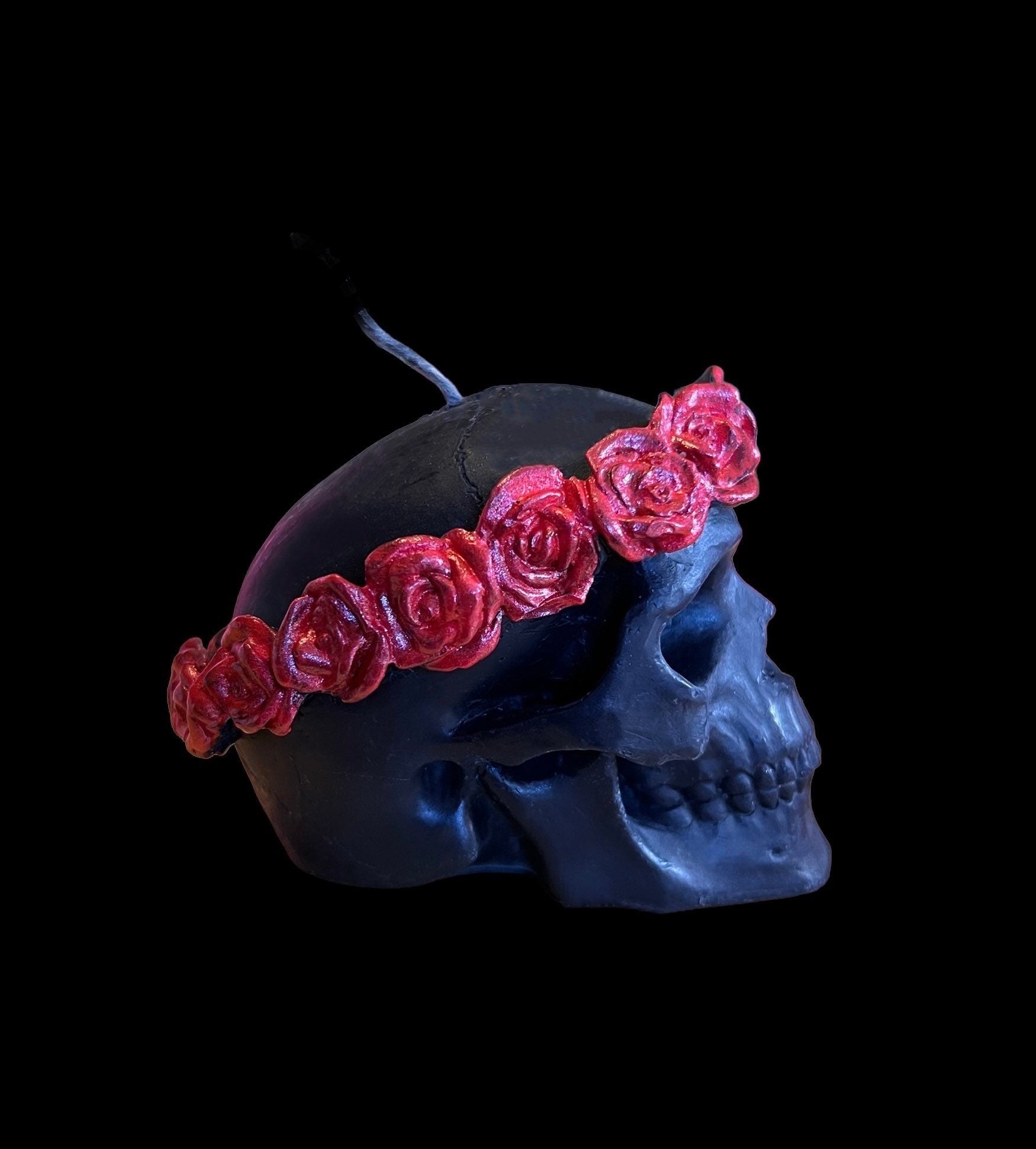 Skull Candle with Red Roses + Hand Painted