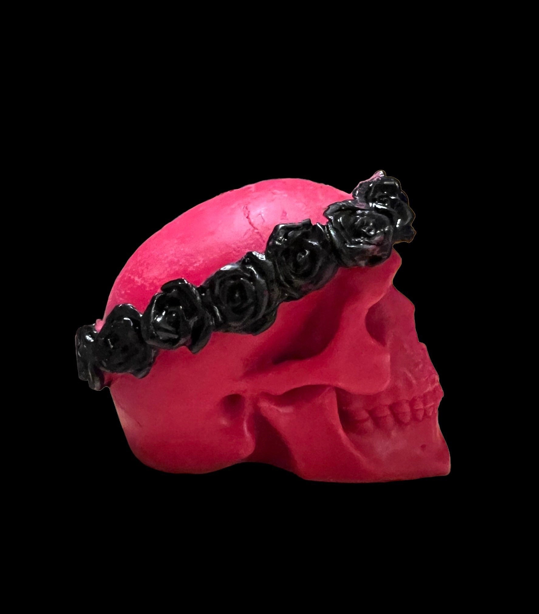 Skull Candle with Black Roses + Hand Painted