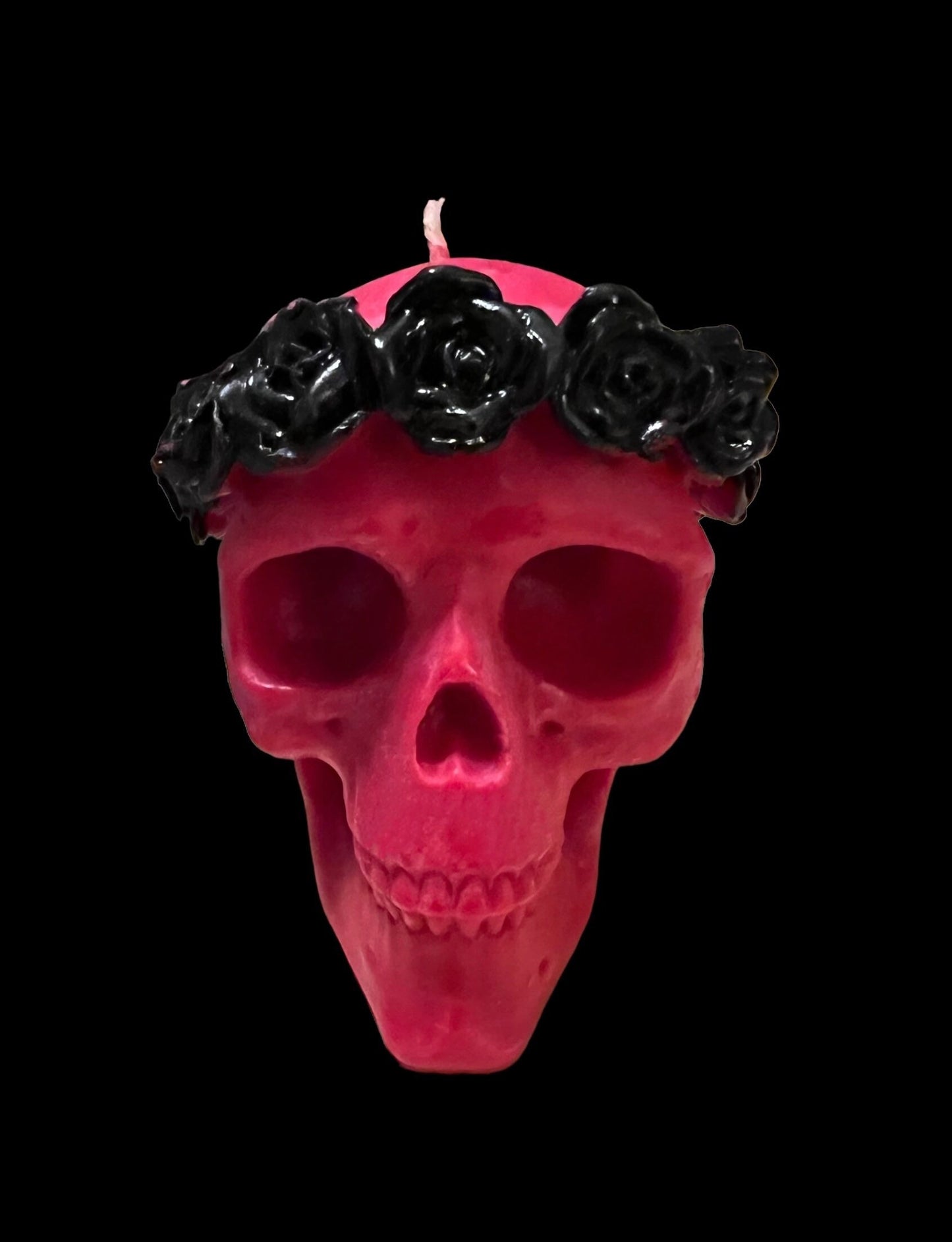 Skull Candle with Black Roses + Hand Painted