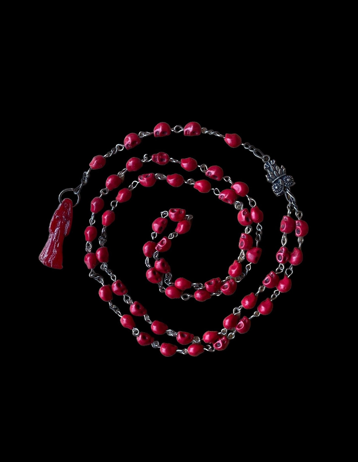 Santa Muerte Roja Rosary + Blessed + Handcrafted + Sterling Silver Plated Chain + Rosario