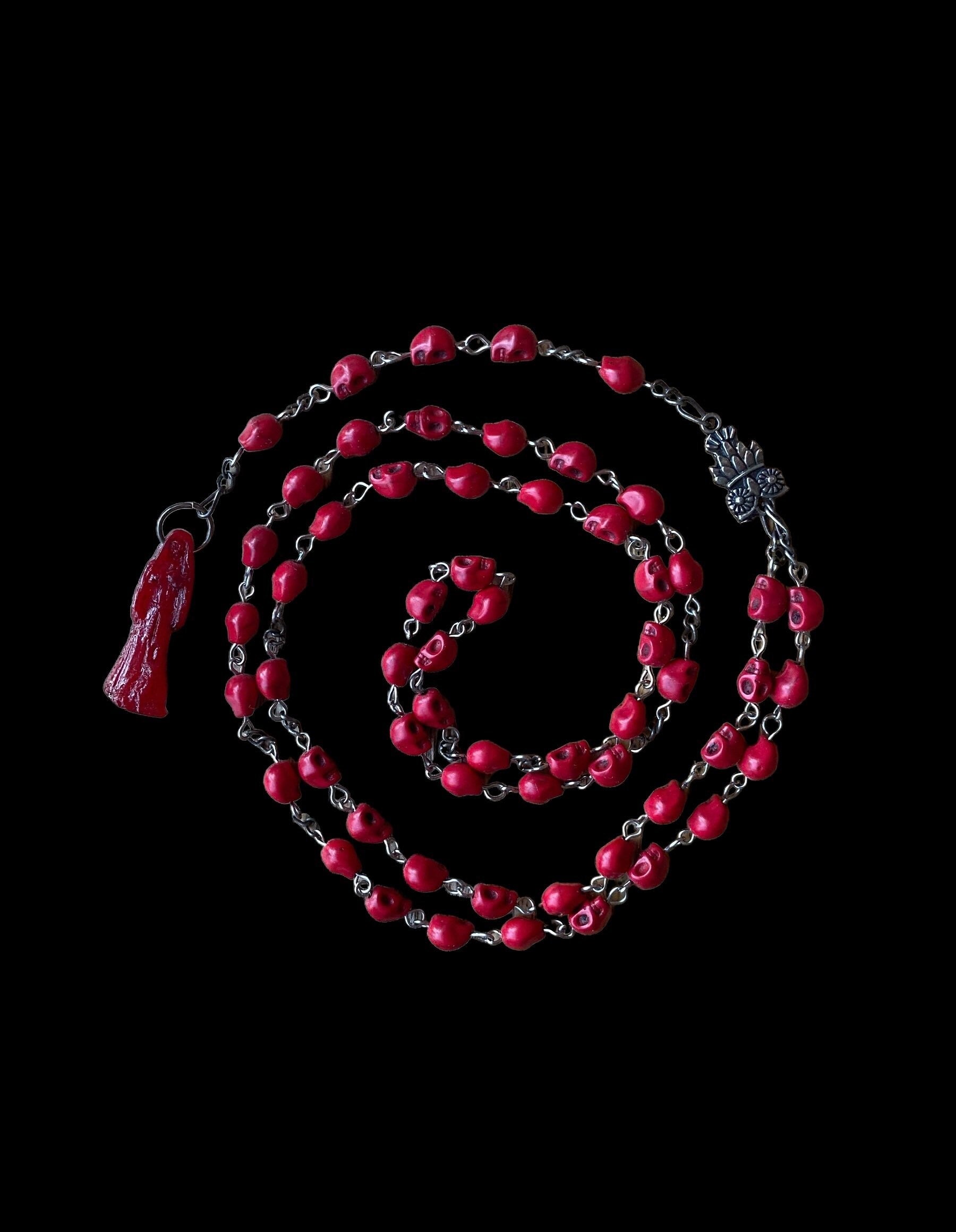 Santa Muerte Roja Rosary + Blessed + Handcrafted + Sterling Silver Plated Chain + Rosario