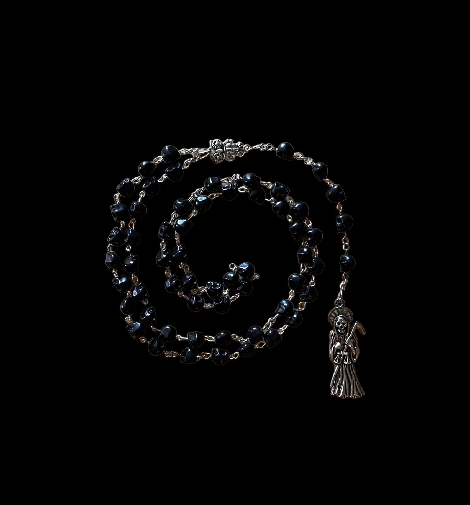 Santa Muerte Negra Rosary + Protection + Reversing + Witchcraft + Blessed + Sterling Silver Plated Chain + Handcrafted + Rosario