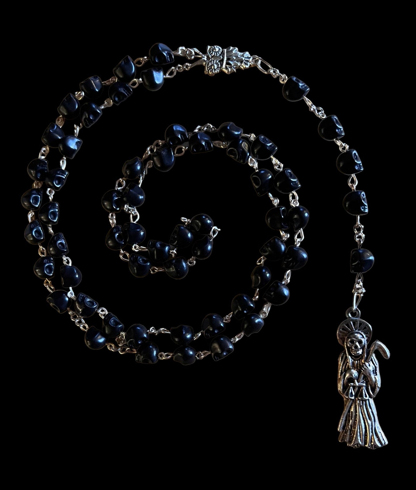 Santa Muerte Negra Rosary + Protection + Reversing + Witchcraft + Blessed + Sterling Silver Plated Chain + Handcrafted + Rosario