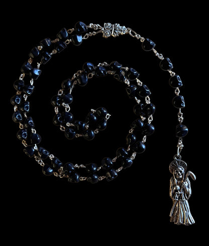 Santa Muerte Negra Rosary + Protection + Reversing + Witchcraft + Blessed + Sterling Silver Plated Chain + Handcrafted + Rosario